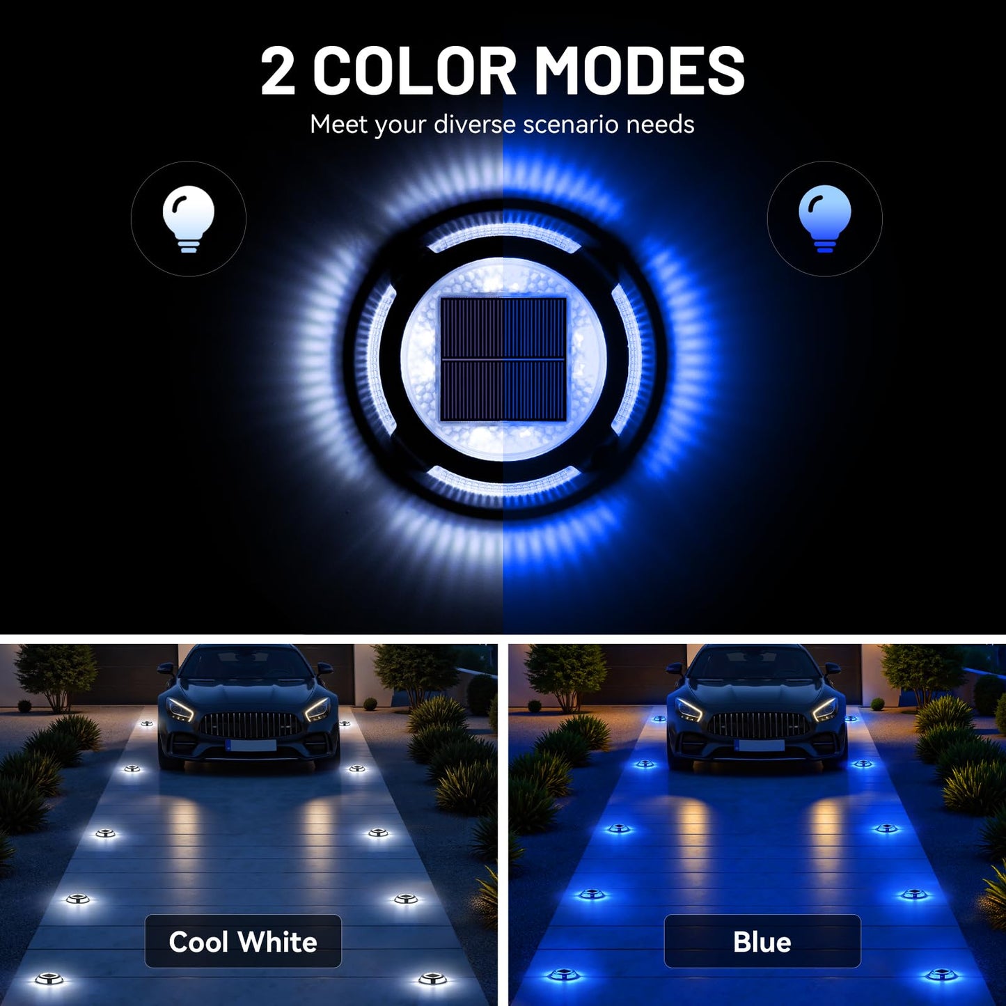 Solar Driveway Lights, 12 Pack Heavy Duty Driveway Lights Solar Powered 2 Color Mode (Cool White/Blue) IP68 Waterproof Outdoor Solar Deck Lights with Ground Stake for Pathway Garden Yard Walkway Dock