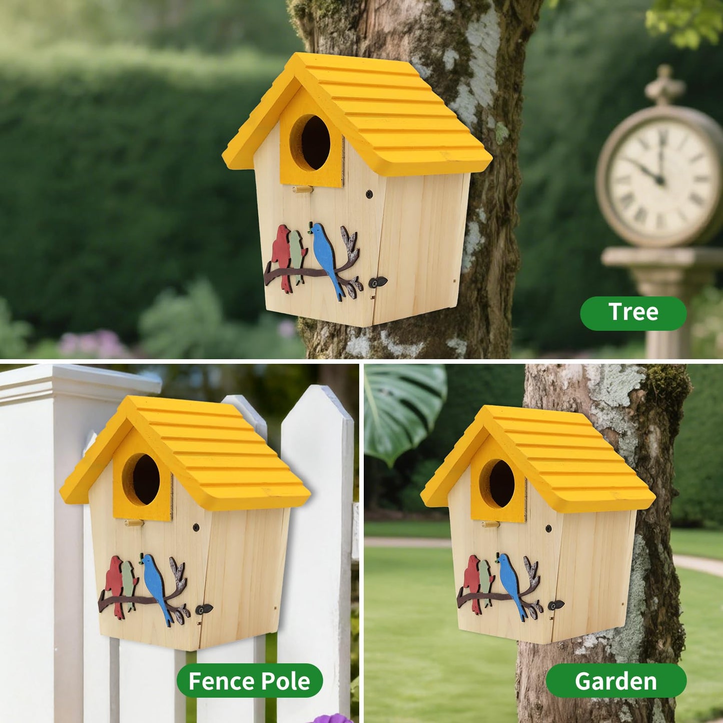 Wooden Bird Houses Bird House for Outside,Yellow Wood Bird House for Outdoors, 1.5" Entrance Hole Bird Houses for Garden Blue Bird Hummingbird Wren Cardinal Swallow Sparrow Finch