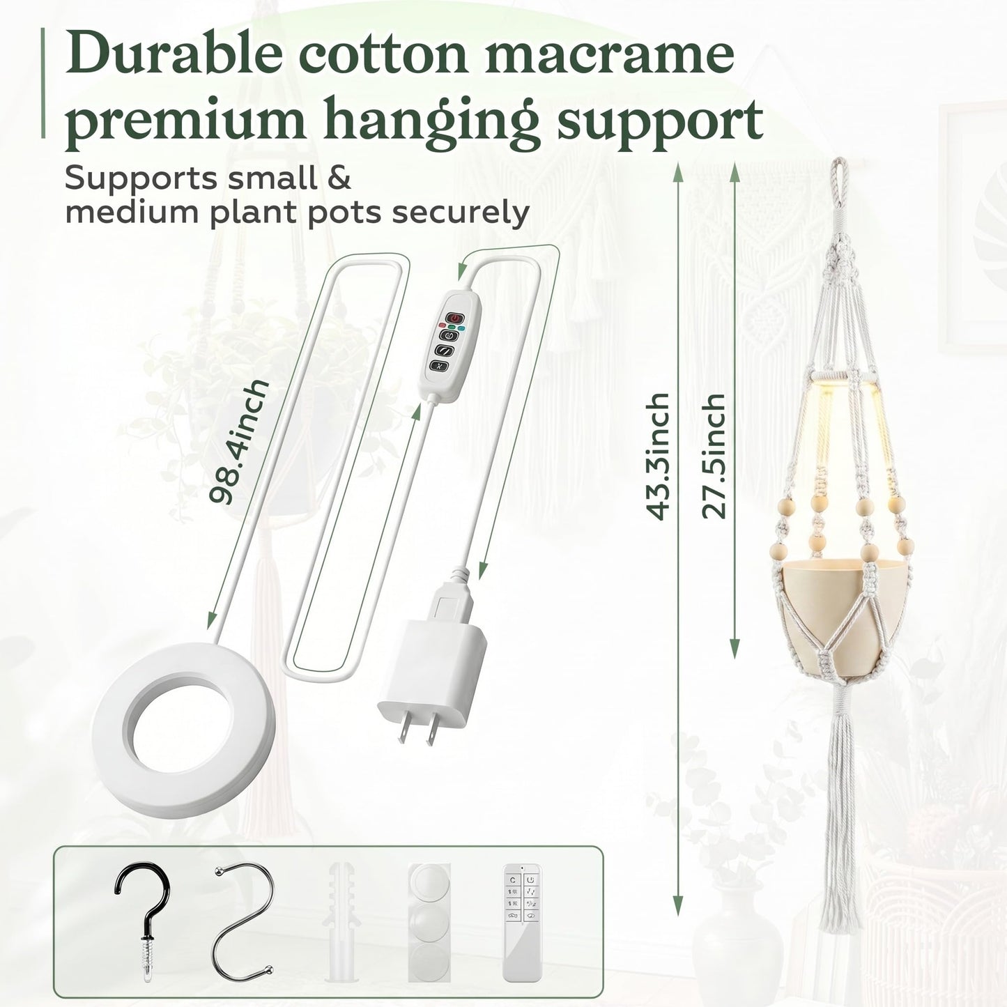 Huquary 3 Pack Macrame Plant Hanger with Grow Light Hanging Boho Planter Basket Flower Holder and Hanging Remote Grow Lights for Indoor Plants Suitable for Different Size Pots(White)