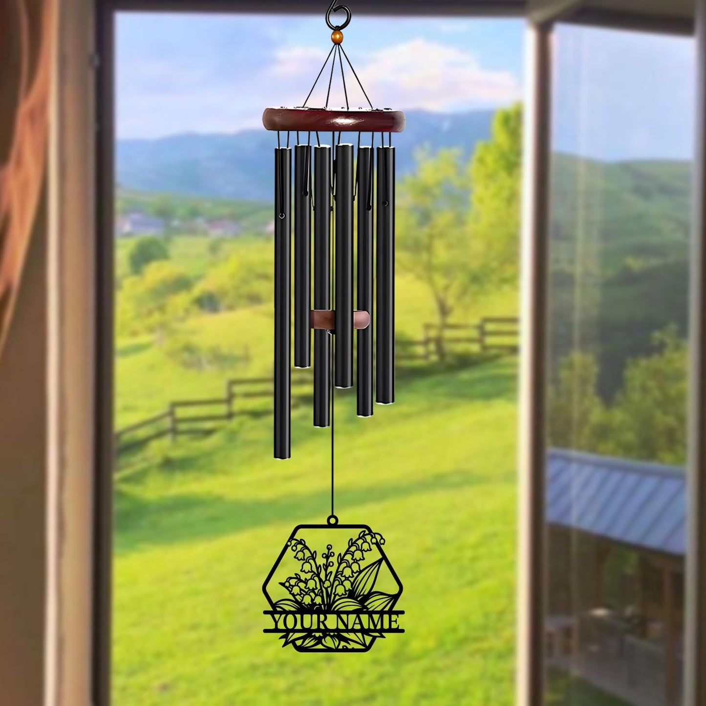 WindWink Personalized Customize Name Lily of The Valley Wind Chime, Metal Iron 37 Inch Outdoor Memorial Gift for Garden Yard Patio Home Florist Decor, Black,Mom Gift (Style G)