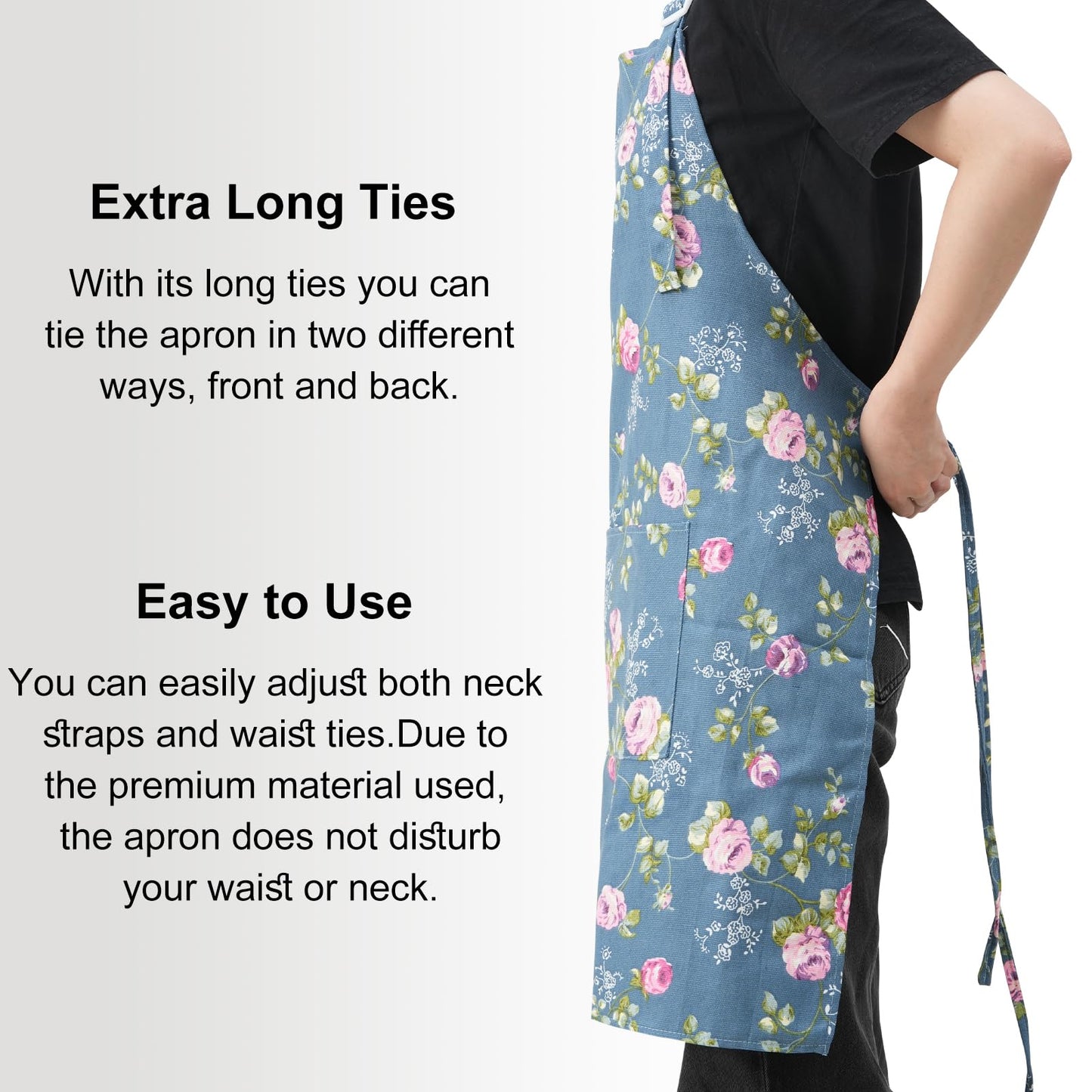 DILLMAN Aprons for Women with Pockets Cotton Linen Cooking Kitchen Baking Soft Durable Floral Gardening Apron (Blue)