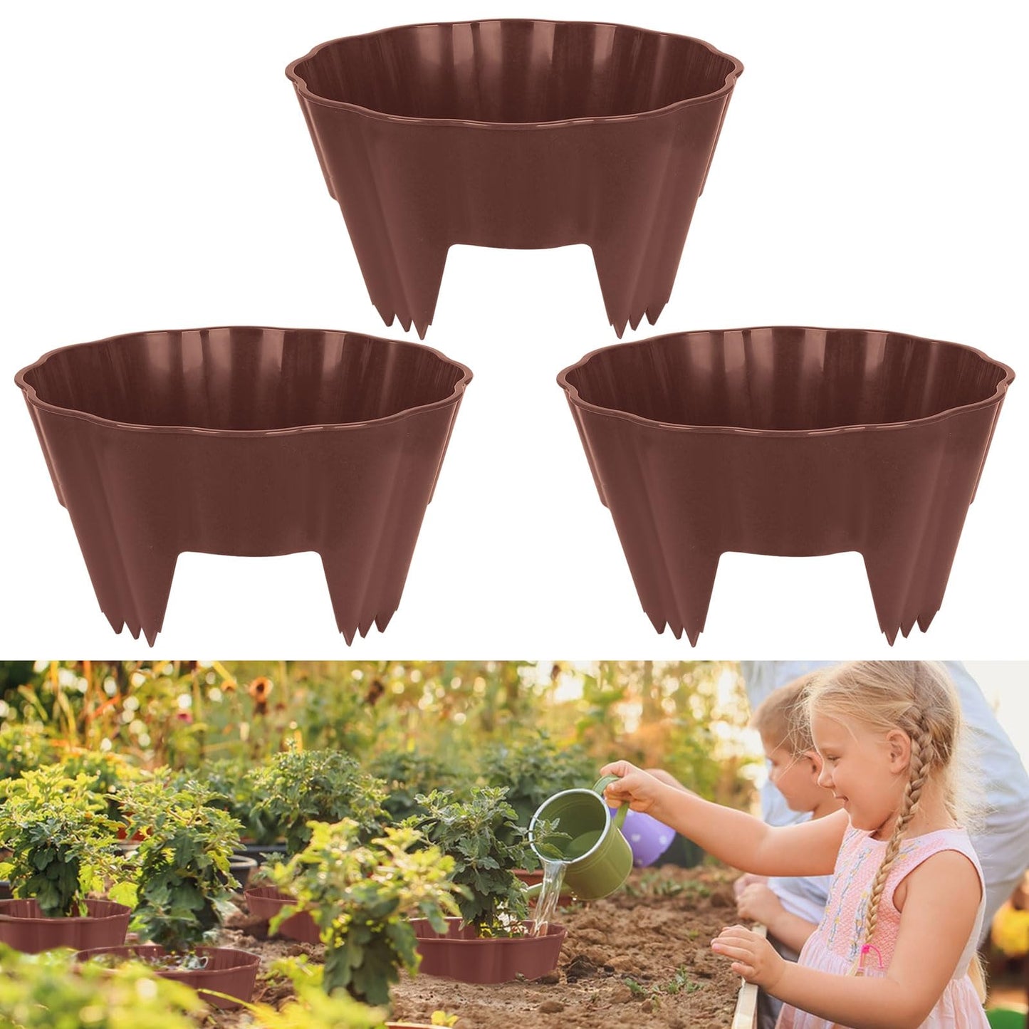 3 Pack Round Planting Grow Rings, 12" Planting Protective Round Edging, Plant Support Rings to Protects Plants, Deep Watering Plant Collars for Vegetables Herbs Flowers (Brown)