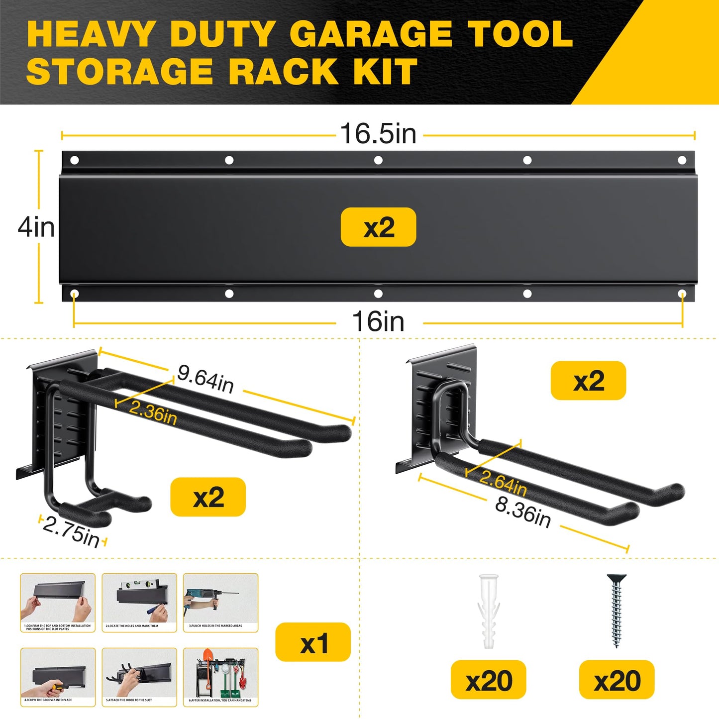 Garage Tool Organizer Wall Mount with 32 inches Rails and Adjustable Heavy-Duty Hooks, Garden Tool Organizer, Carries 300 lbs, Heavy Duty Garage Storage Rack For Yard, Shed, Workshop, Easy to Install