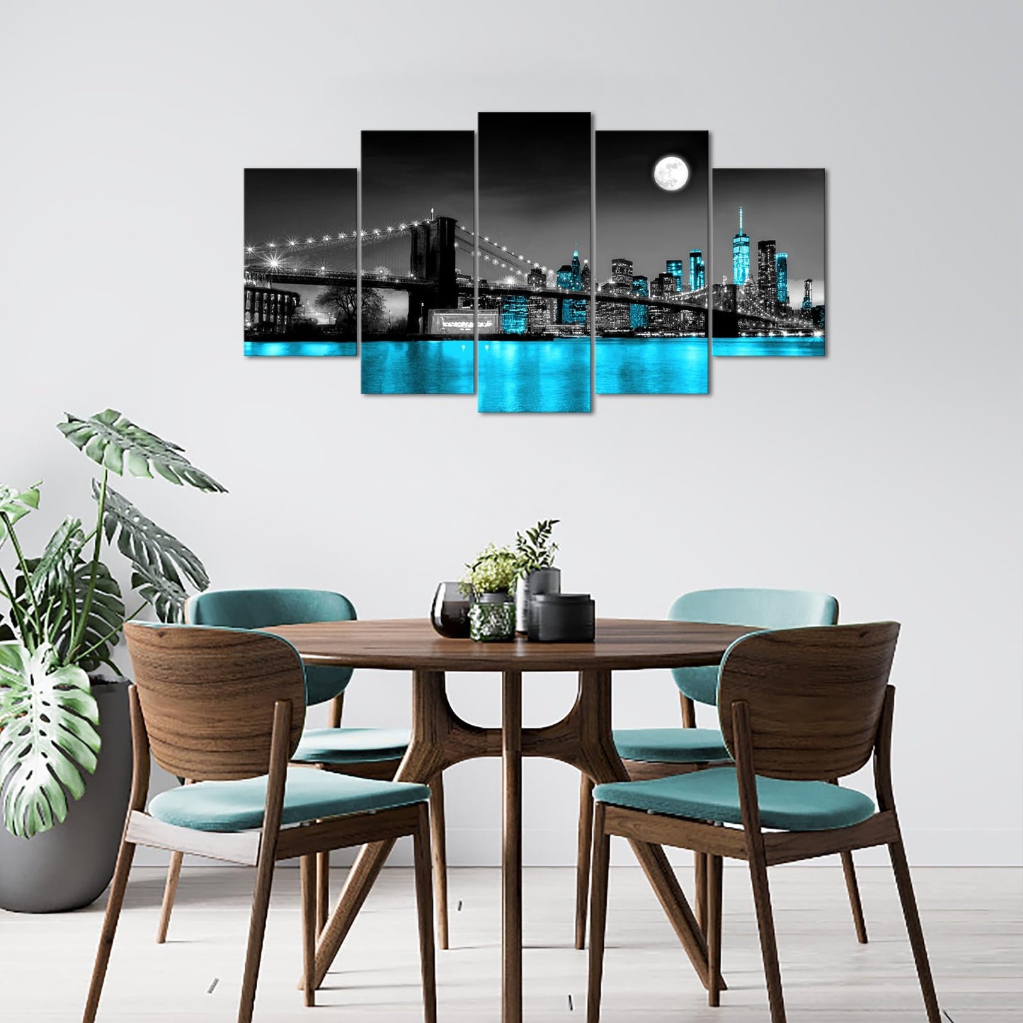 KLVOS 5 Panel Brooklyn Bridge Canvas Wall Art Modern New York City Picture Painting Blue Night View with Moon Decor for Home Ready to Hang