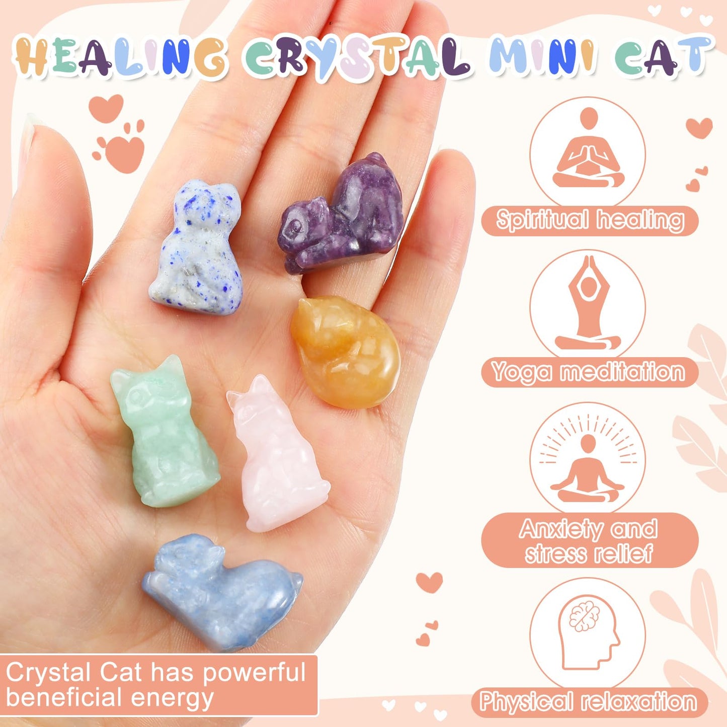 Yuntau 6 Pcs Crystal Cat Figurine Crystal Sleeping Cat Decor Animal Decoration Mini Kitten Ornament for Home Office Desk Decor Lucky Energy Reiki Statue Gift for Women Men