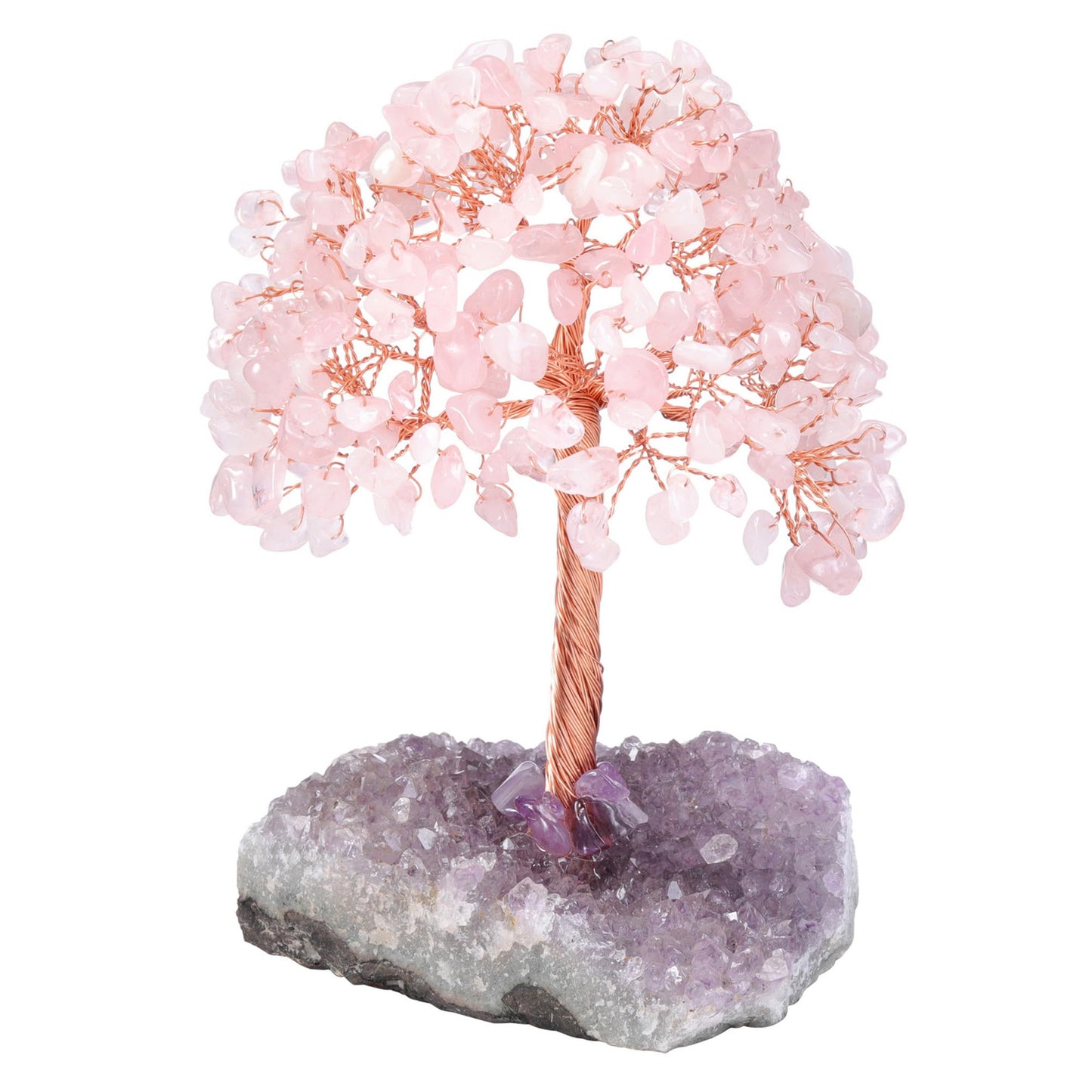 Jovivi Natural Rose Quartz Healing Crystal Money Tree on Amethyst Cluster Geode Druzy Base Feng Shui Crystals for Home Office Desk Decorations, Wealth, Good Luck