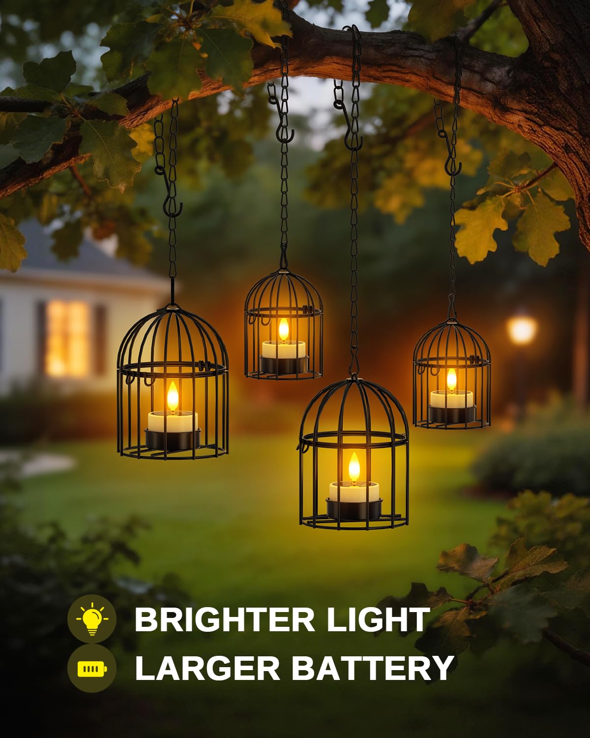 SoulBay Outdoor Lanterns with Solar Tea Lights, 4 Pack(2L 2S) Hanging Waterproof Solar Lights for Outside with Extended Chain, Bright & Long Lasting Solar Candles, Birdcage Lamp for Tree Patio Garden