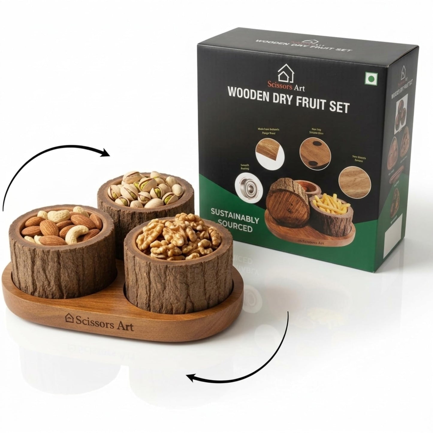 Scissors Art Wooden Dry Fruit Serving Set – 360° Rotating Divided Snack Organizer | Fruit & Veggie Platter for Party, Candy, Appetizer & Condiment Serving Bowls (3 Bowl Set)