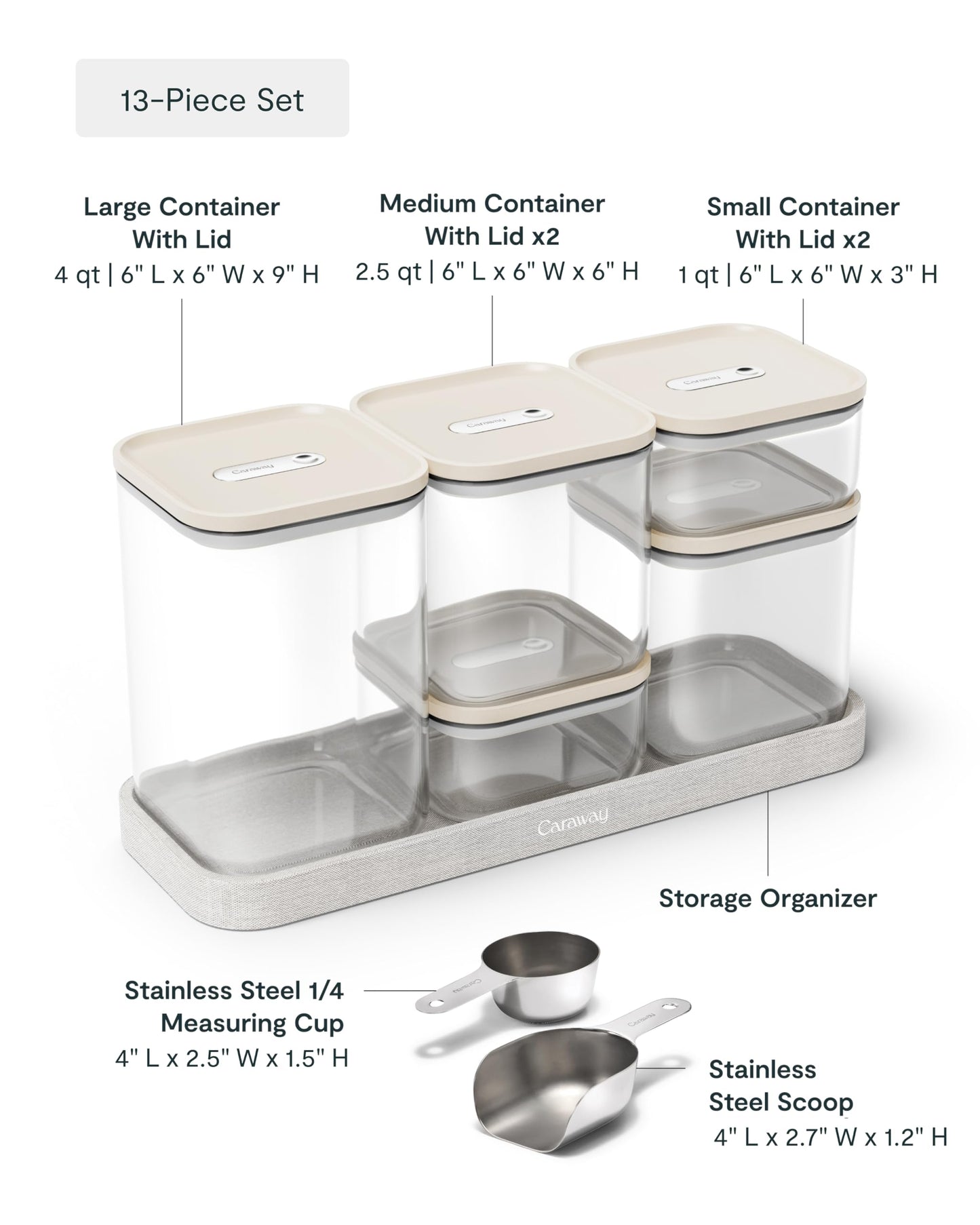 Caraway 13-Piece Glass Airtight Food Storage Containers with Lids – Non-Toxic, BPA-Free Kitchen Storage Containers – Stackable, Space-Saving Airtight Containers for Dry Goods and More - Cream