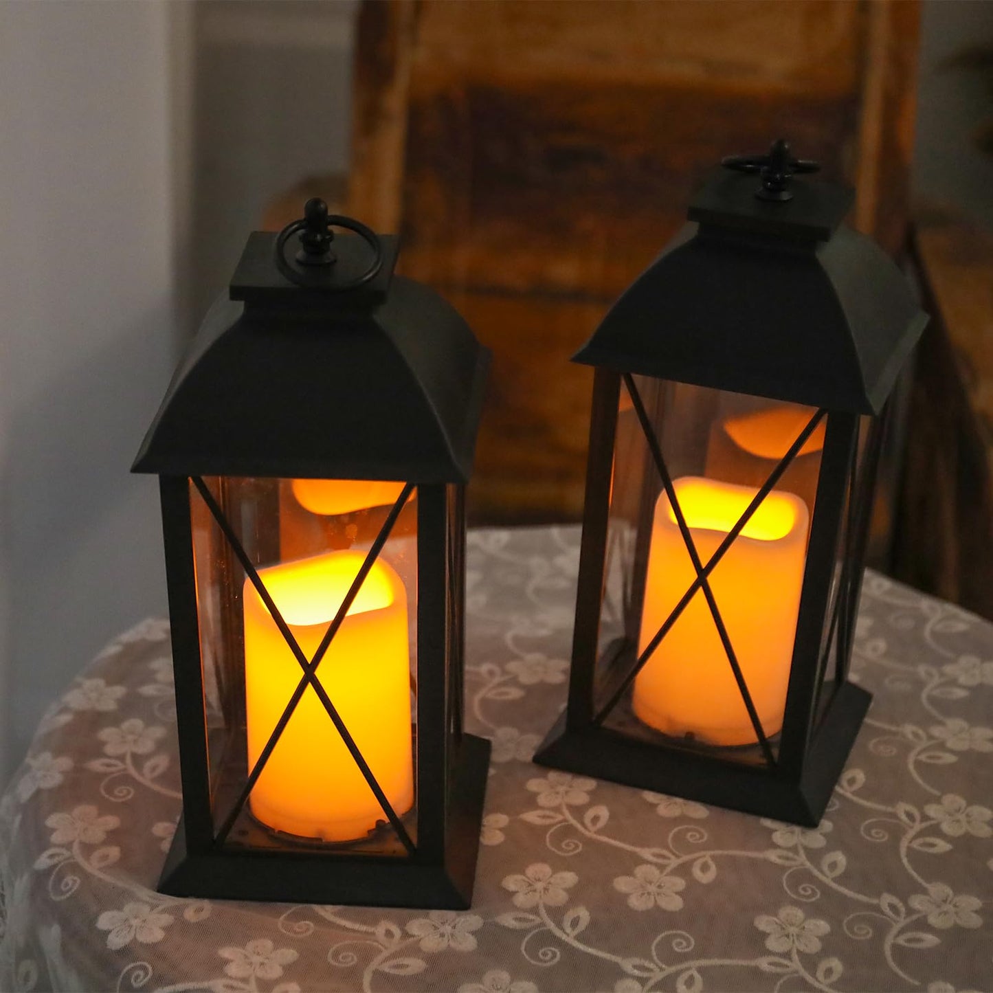Bdor 2 Pack 13-Inch Black Decorative Lantern with LED Candle (6hr Timer) - IP65 Waterproof Battery Powered - Outdoor Patio Hanging Lanterns Decorative Tabletop Lanterns