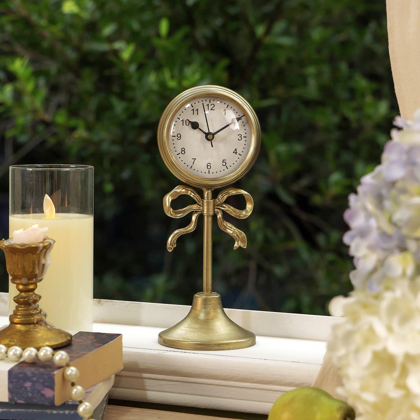 NIKKY HOME Gold Table Clock with Bow, Silent Non-Ticking Classic Elegant Battery Operated Decorative Mantel Desk Shelf Clock for Living Room Decor