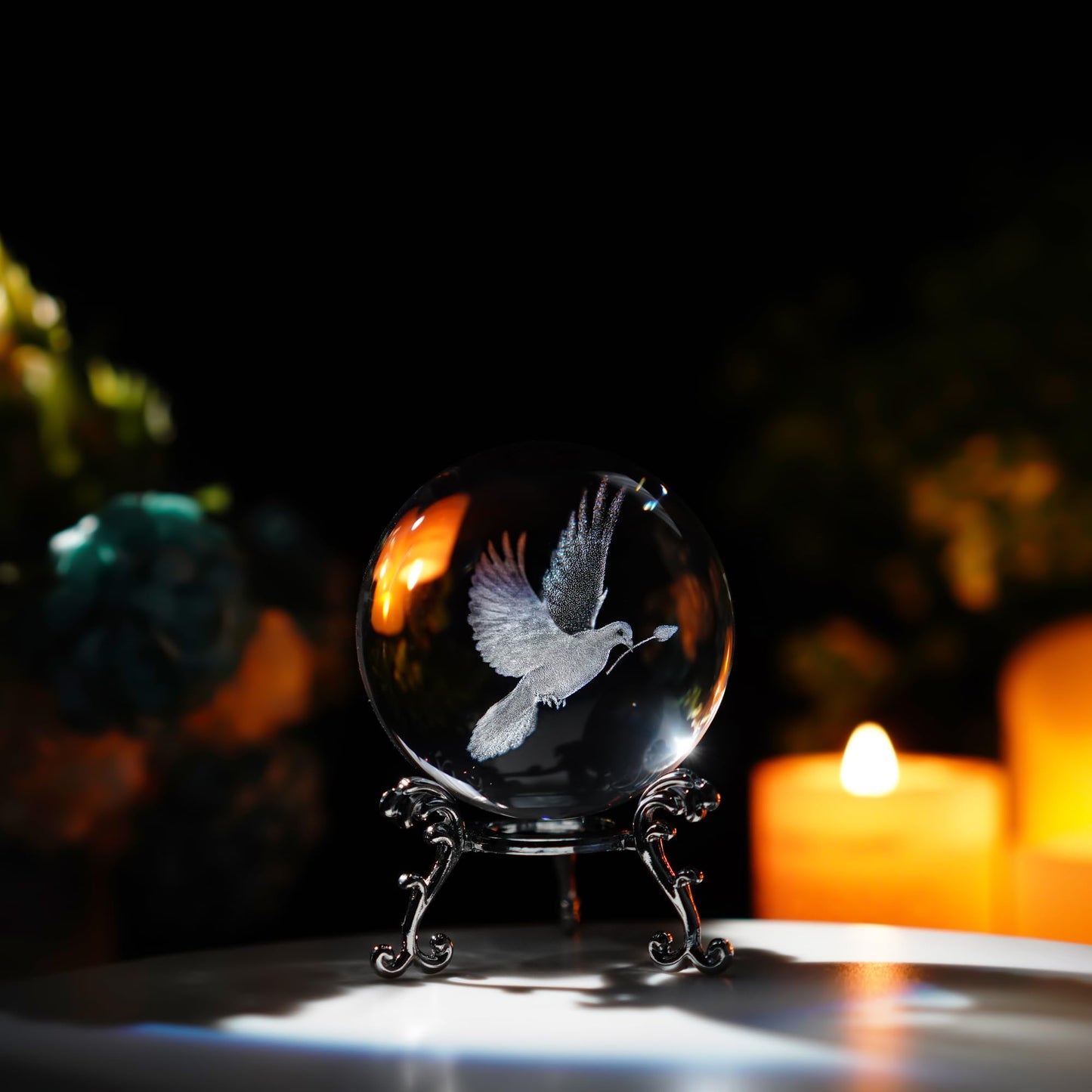ZEERSHEE 60mm 3D Peace Dove Crystal Ball Figurine with Stand Glass Pigeon Ornament Decor for Home Table