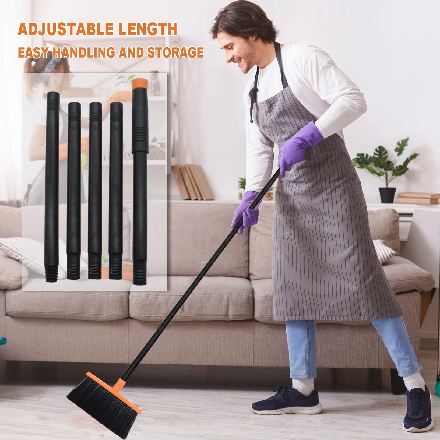 BSMstone Small Broom Stiff Bristles Brush with Long Handle Indoor or Outdoor Compact Broom for Sweeping Patio Garage Garden,Deck,Concrete Floor,Bathroom (Orange)