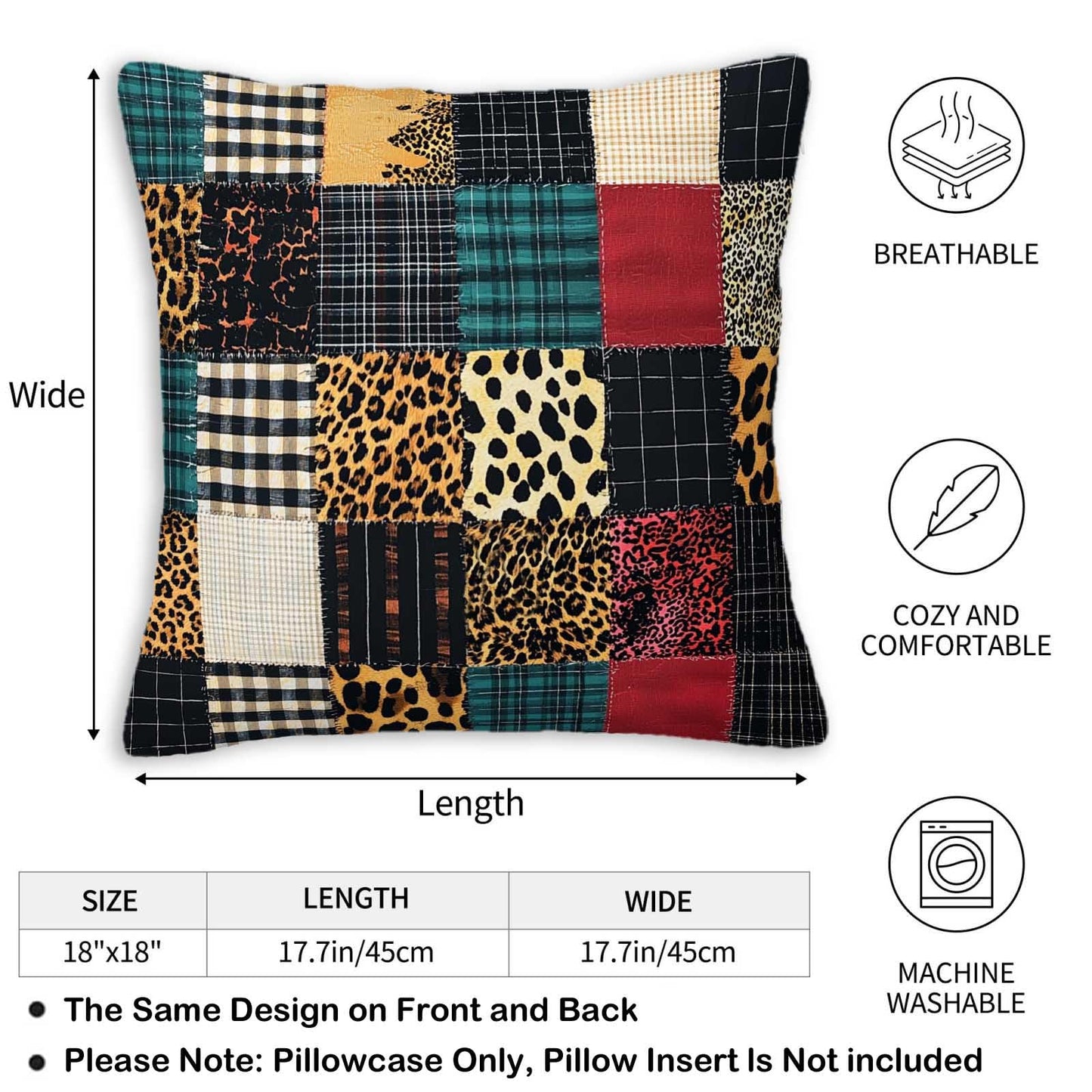 ZibZorp Patchwork Plaid Leopard Pillow Covers 18x18 Set of 2 | Rustic Decorative Cushion Cases | Mixed Pattern Pillowcases | Eclectic Throw Covers for Sofa Living Room Bedroom Decor