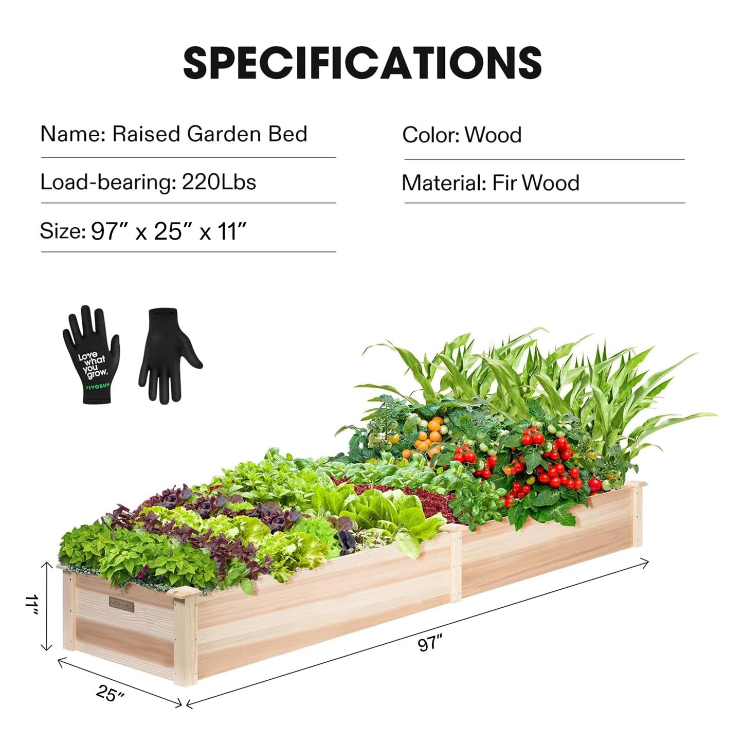VIVOSUN 8×2Ft Wooden Raised Garden Bed, 97 x 25 x 11 Inches, Outdoor Wood Planter Box with Gloves and a Liner for Garden, Patio, Balcony, Backyard and Outdoors