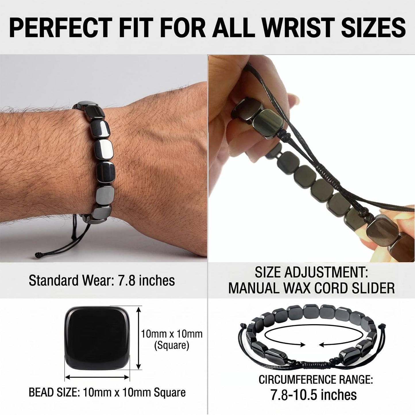 Jingming keji Adjustable Mens Hematite Bracelet 7.5-10.5" - Handwoven Waxed Polyester Cord, Natural Square Stone Beaded Wellness Jewelry with Gift Box