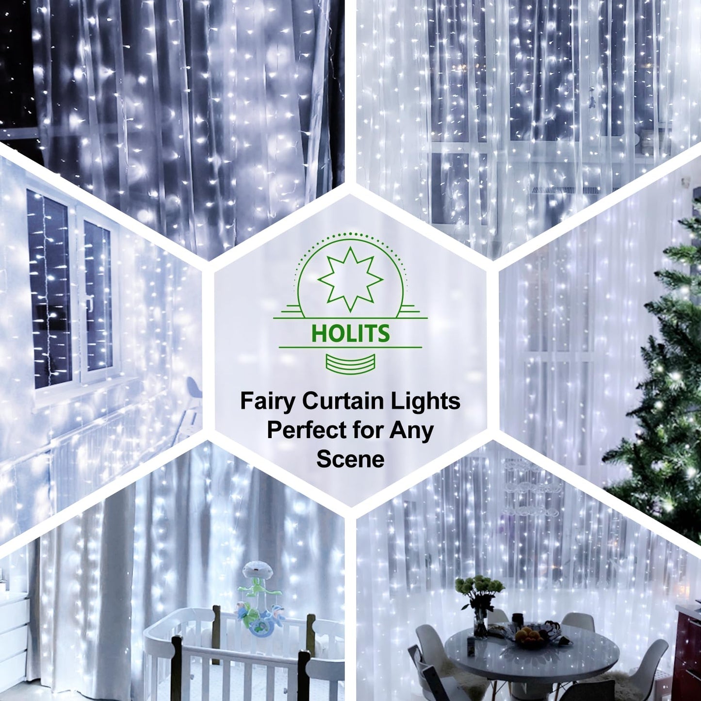 HOLITS Fairy Curtain Lights Upgraded Tangle-Free Cool White USB Plug in 8 Modes String Hanging Lights with Remote for Christmas, Bedroom, Indoor, Outdoor, Weddings, Party (6.6FTx6.6FT)