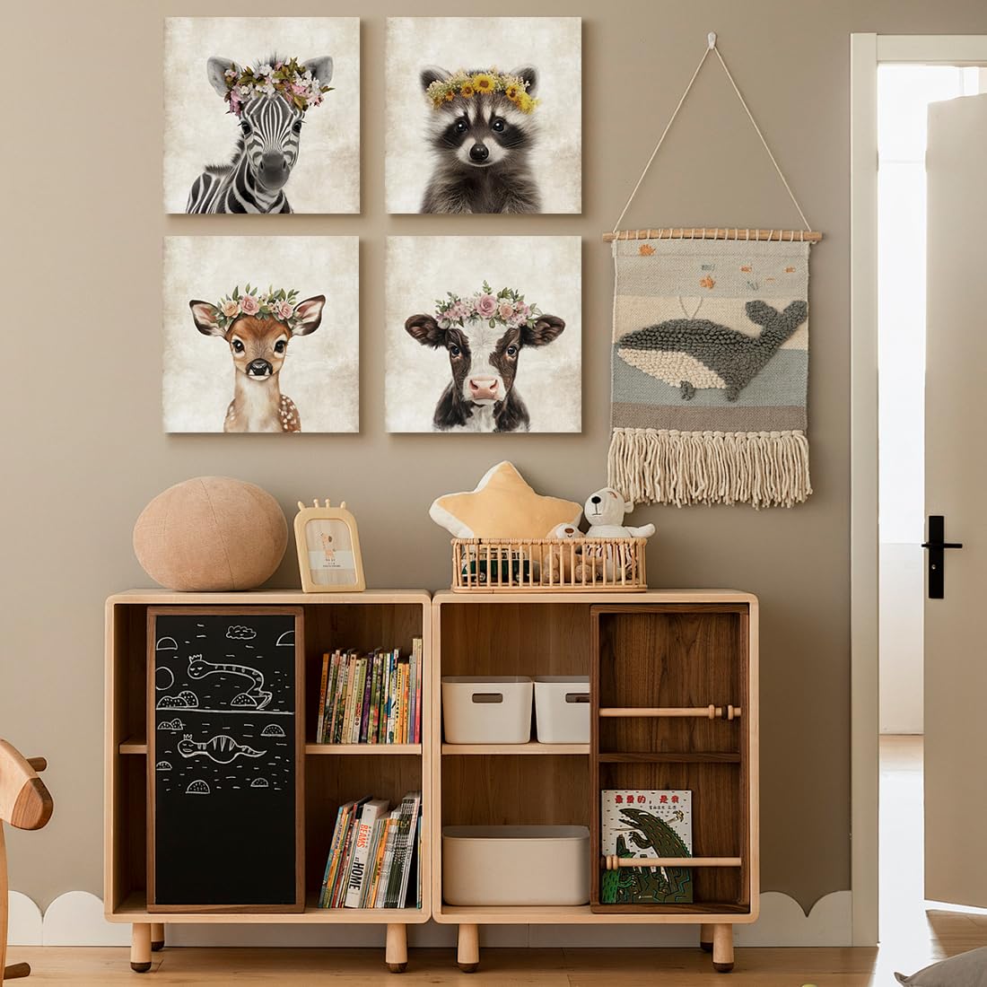 Framed Baby Nursery Wall Art Decor Cute Zebra with Garland Pictures Painting Retro Zebra Portrait Artwork Cute Safari Animals Prints for Kids Playroom Decoration Gifts for Boys Girls 12x12inch