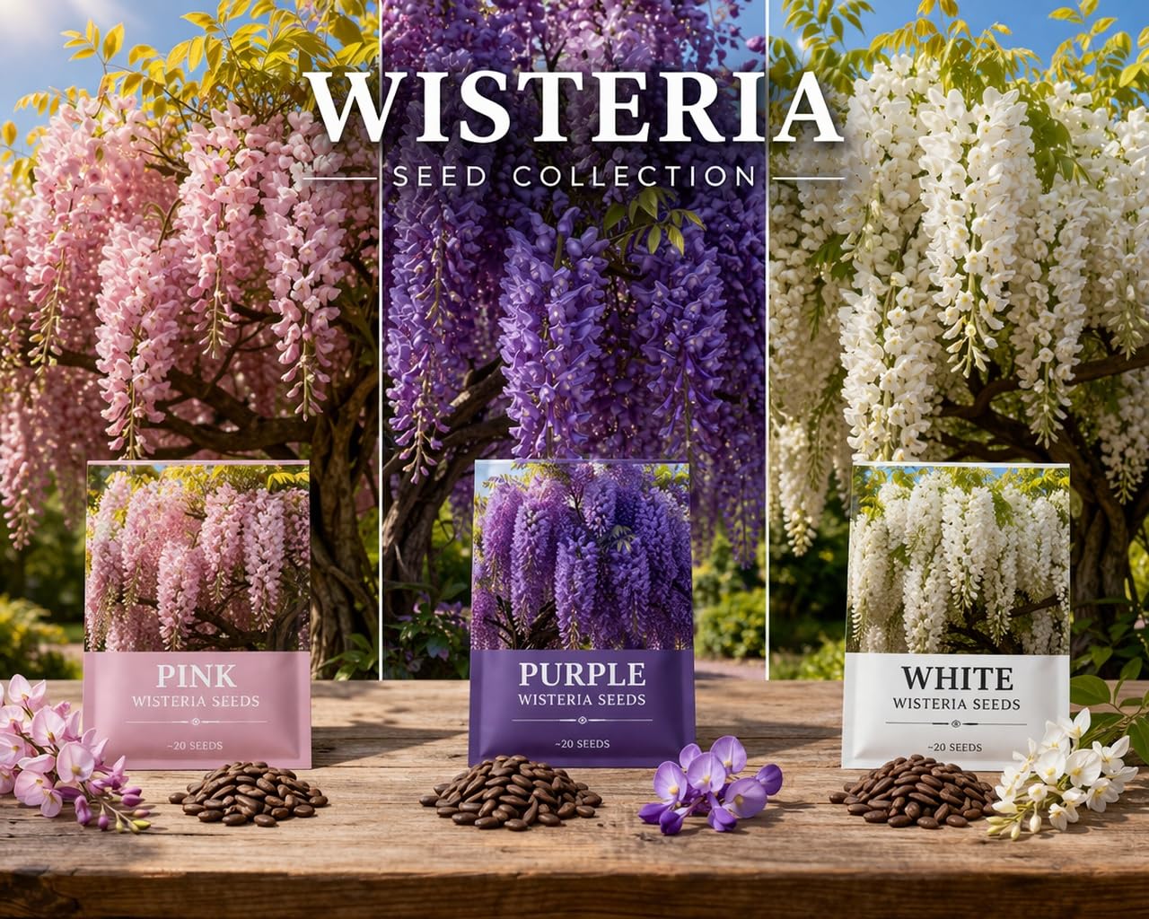 Wisteria Seeds Variety Pack – 15 Seeds Total (5 Pink, 5 Purple, 5 White) – Fast Growing Perennial Flowering Vine for Trellis, Arbor & Garden – Fragrant Climbing Plant Seeds for Outdoor Planting