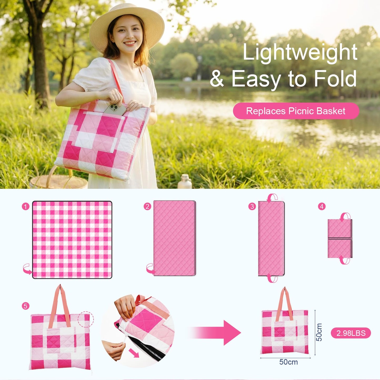 JACTUM 2 in 1 Tote Picnic Blanket Waterproof Outdoor Camping Mat，Large Capacity Beach Blanket 80''x80'' 7 Layers Easy to Foldable and Carry.