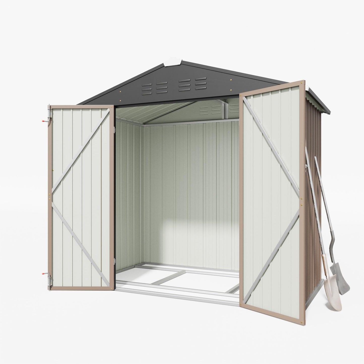 Greesum 6x4FT Outdoor Storage Shed with Base, Utility Tool Shed with Sloping Roof, Metal Storaged Garden Shed with Door & Lock for Patio Storage, Brown