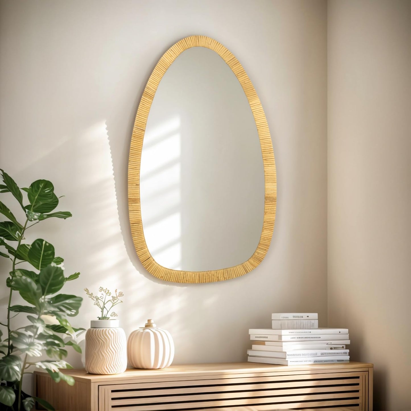 BOMINGHOME Rattan Boho Mirror for Decor, 31.5" x 18" Handmade Wall Mirror that is Farmhouse and Boho Wall Decor Style, Ideal for Hanging in the Bedroom, Living Room, Entryway, Nursery