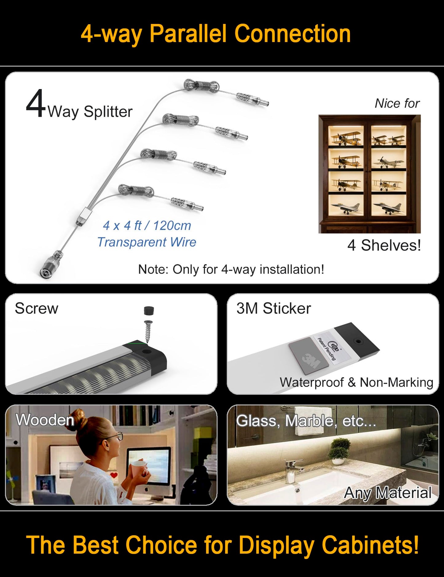 EBD LED Shelf Lights for Bookshelf 4-Way 48” Splitter Parallel Under Cabinet Lighting Built-in Adjustable Cable Kitchen Counter Lights Bar 8 Panels Display Lights Energy 3600Lm 4500K Closet Light