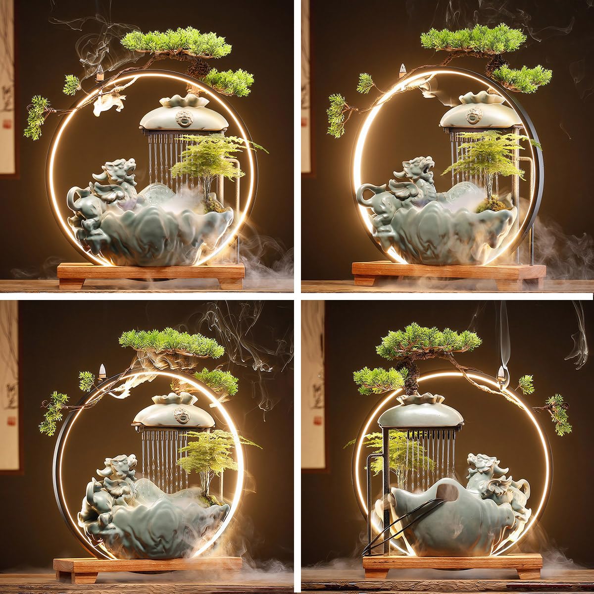 TXYXT Waterfall Fountain Indoor with Mist, Tabletop Water Fountain,Desk Chinese Ceramic Pixiu Statue with LED Light Ring and Backflow Incense Burner Holder