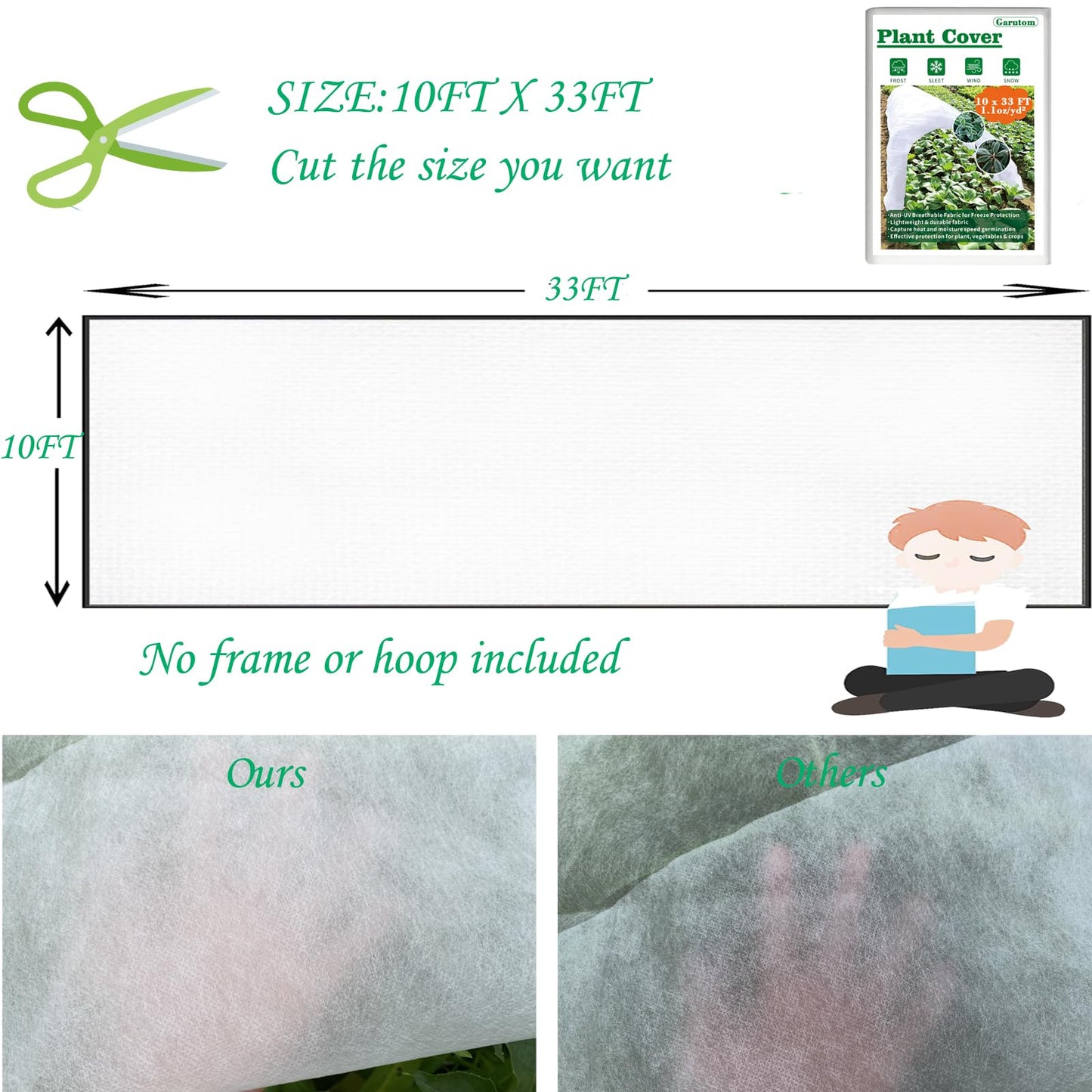 Garutom Plant Covers Freeze Protection 10ft x 33ft 1.1 oz Frost Cloth Plant Freeze Protection, Frost Blankets for Outdoor Plants Winter or Floating Row Covers Shade Cloth for Gardens, Vegetables
