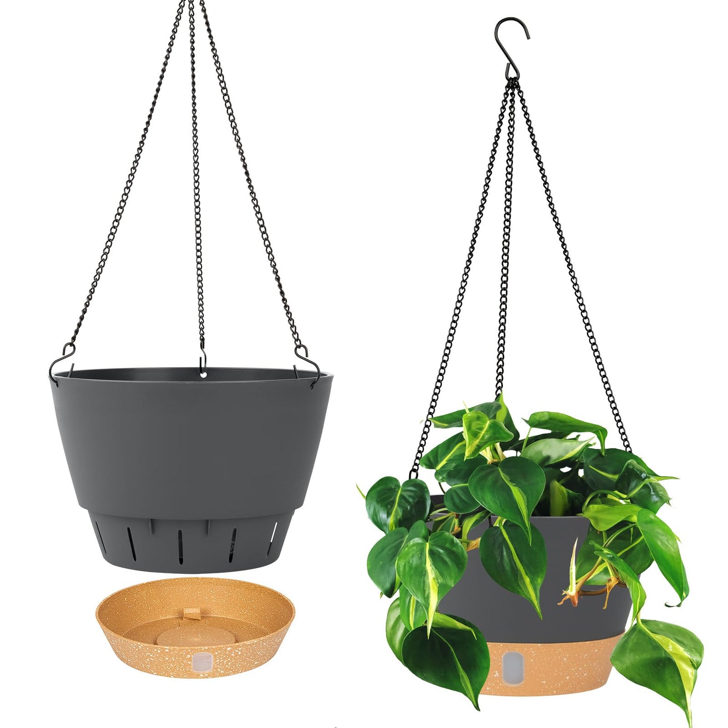 QCQHDU 2 Pack 10 Inch Hanging Planters for Indoor Outdoor Plants, Hanging Baskets Flower Pots with Reservoir Tray & Visible Water-Level