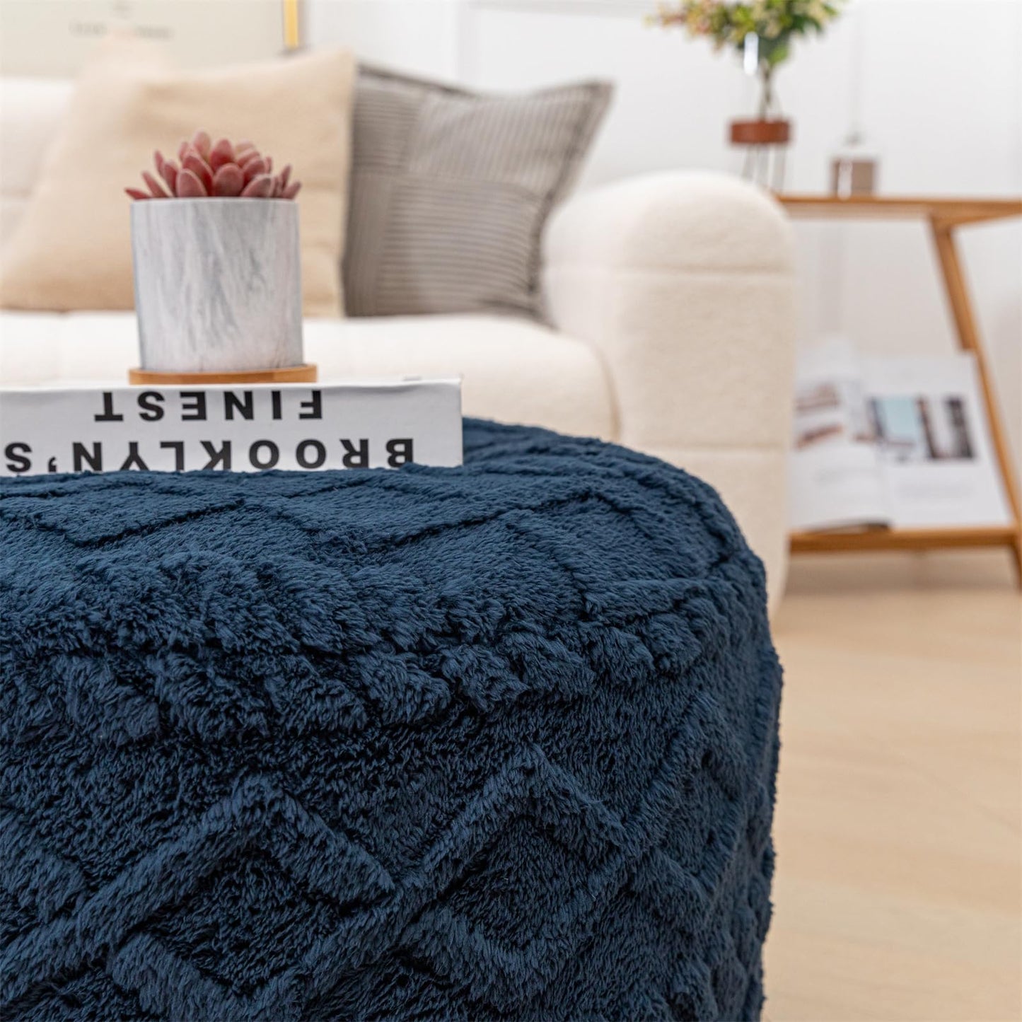 Poofieotto Round Pouf Ottoman Stuffed 20x12 Inches Floor Pouf Chair for Living Room Bedroom Modern Foam Pouf Ottoman Foot Rest for Couch Home Decor Pouffe Dark Blue