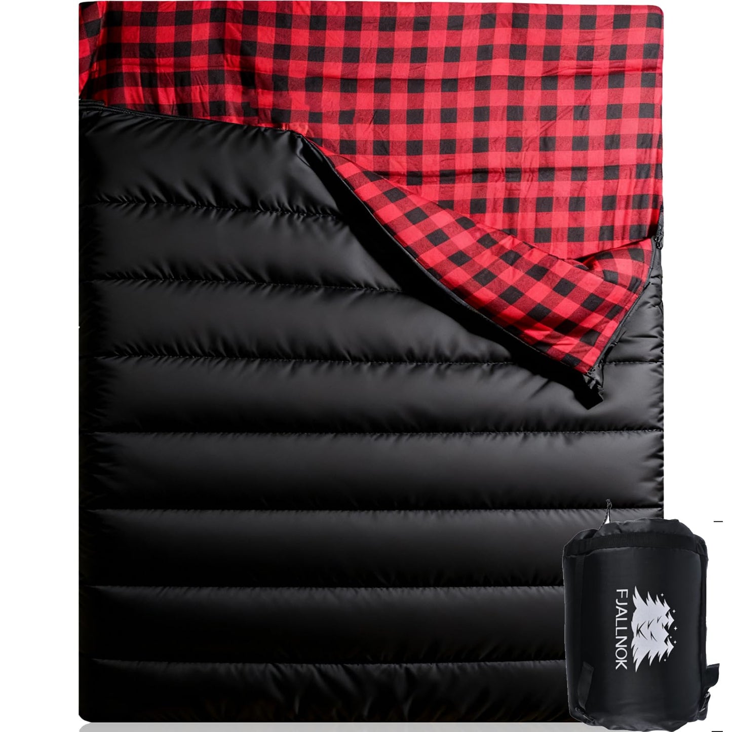 FJALLNOK Double Sleeping Bag Cotton Flannel for Camping, Backpacking Or Hiking. Waterproof,Queen Size Two Person Sleeping Bags for Adults Or Teens. Lightweight with Compression Sack (Black/Red)