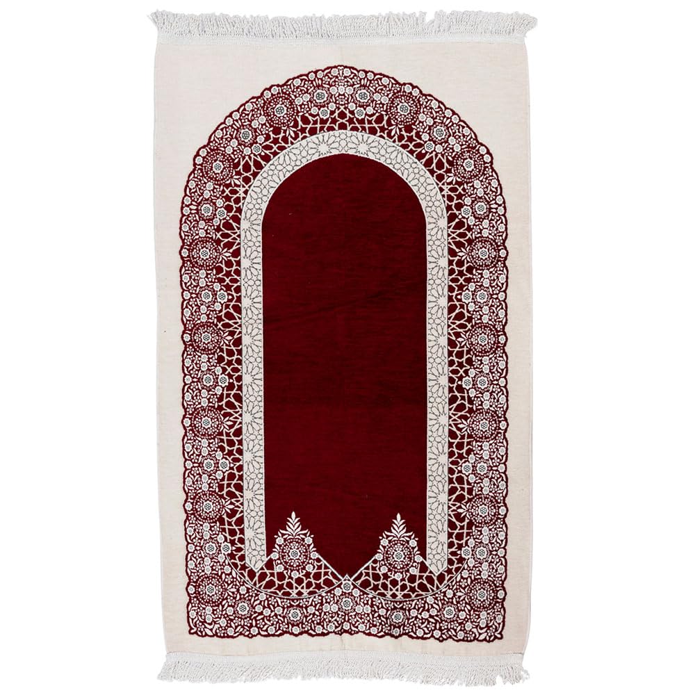 East West Souk Premium Velvet Islamic Prayer Rug – Classic Mihrab Design | Soft, Elegant & Travel-Friendly (Burgundy)