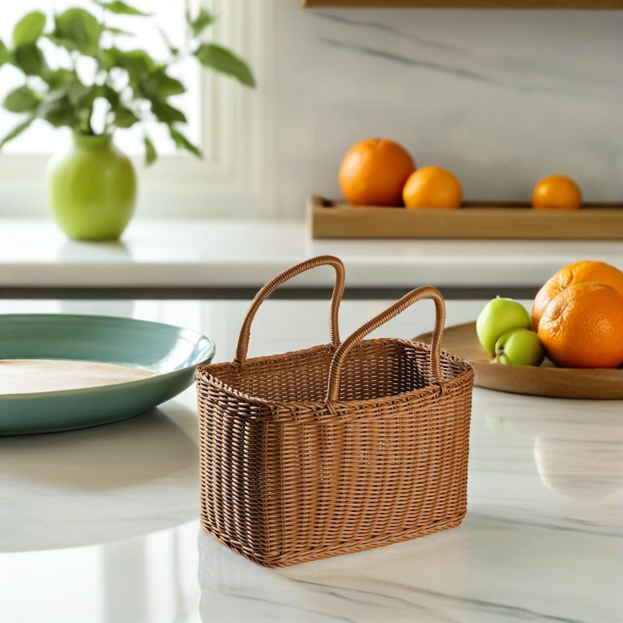 IMIKEYA Plastic Woven Picnic Basket with Handle - Woven Shopping Basket 14.7x7.7x6.7 Inch Store Container for Fruits Food Flowers Bread Organizer