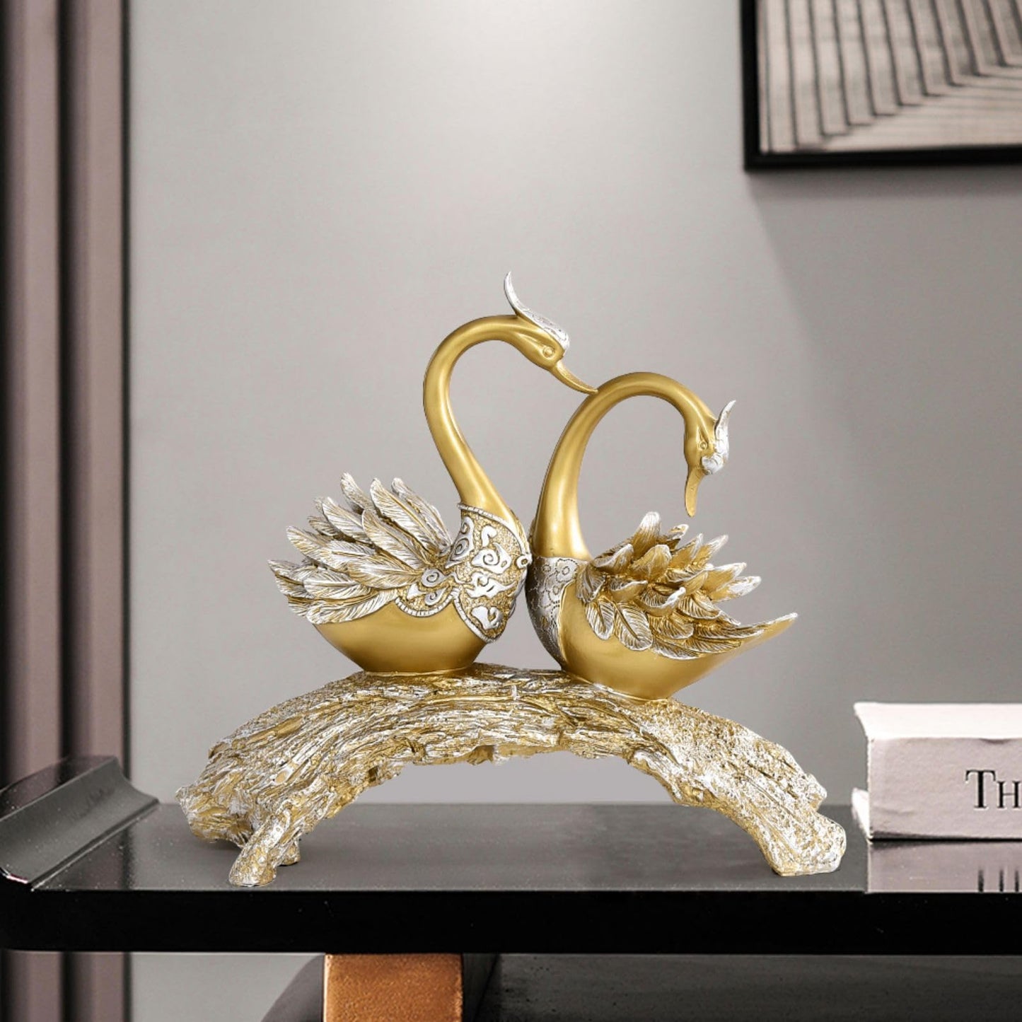 BULUXE 14.2" Gold Couple Swan Decor Figurine Modern Simulation Animal Sculpture Art Ornament Home Table Statue