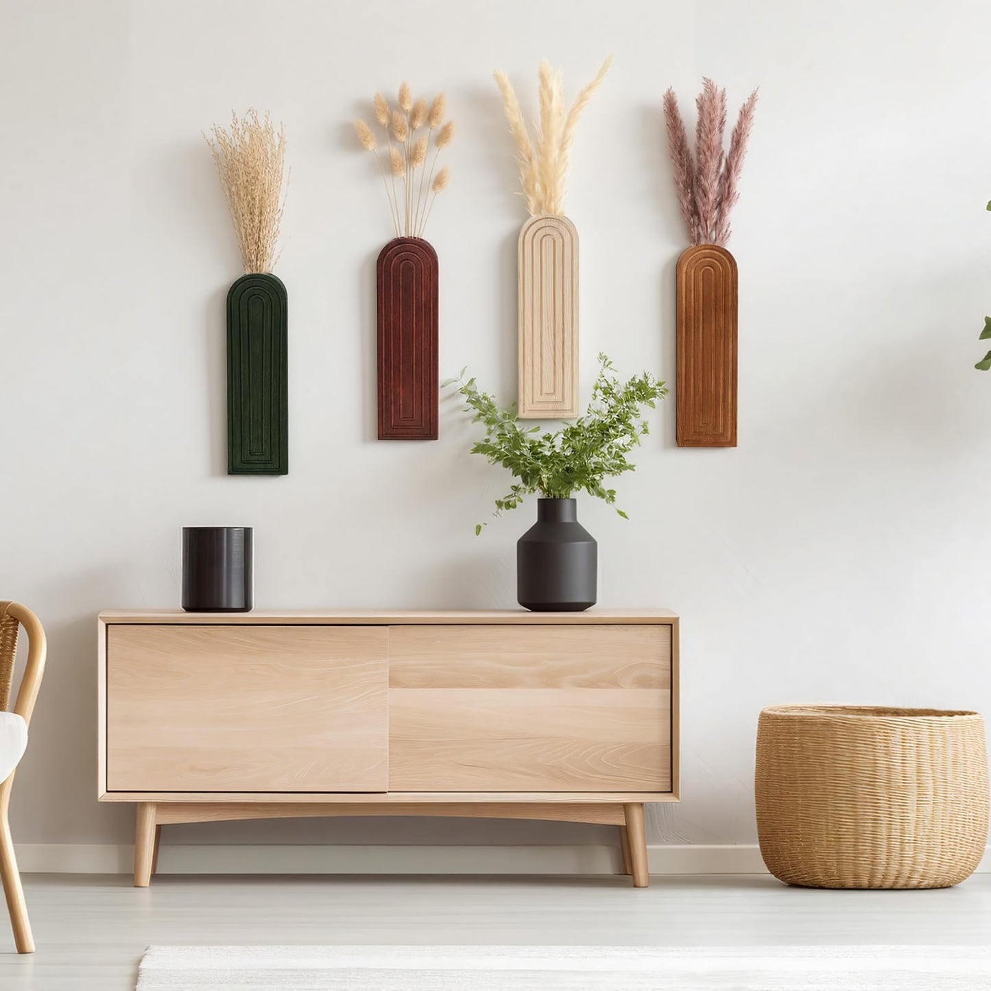 Ninehaoou 4 Pcs Wood Wall Planter Vase with Artificial Flowers, Farmhouse Boho Wall Hanging Decor for Living Room Entryway Bathroom Bedroom Kitchen Office Home Decoration(24 Pcs,Dried Pampas Grass)