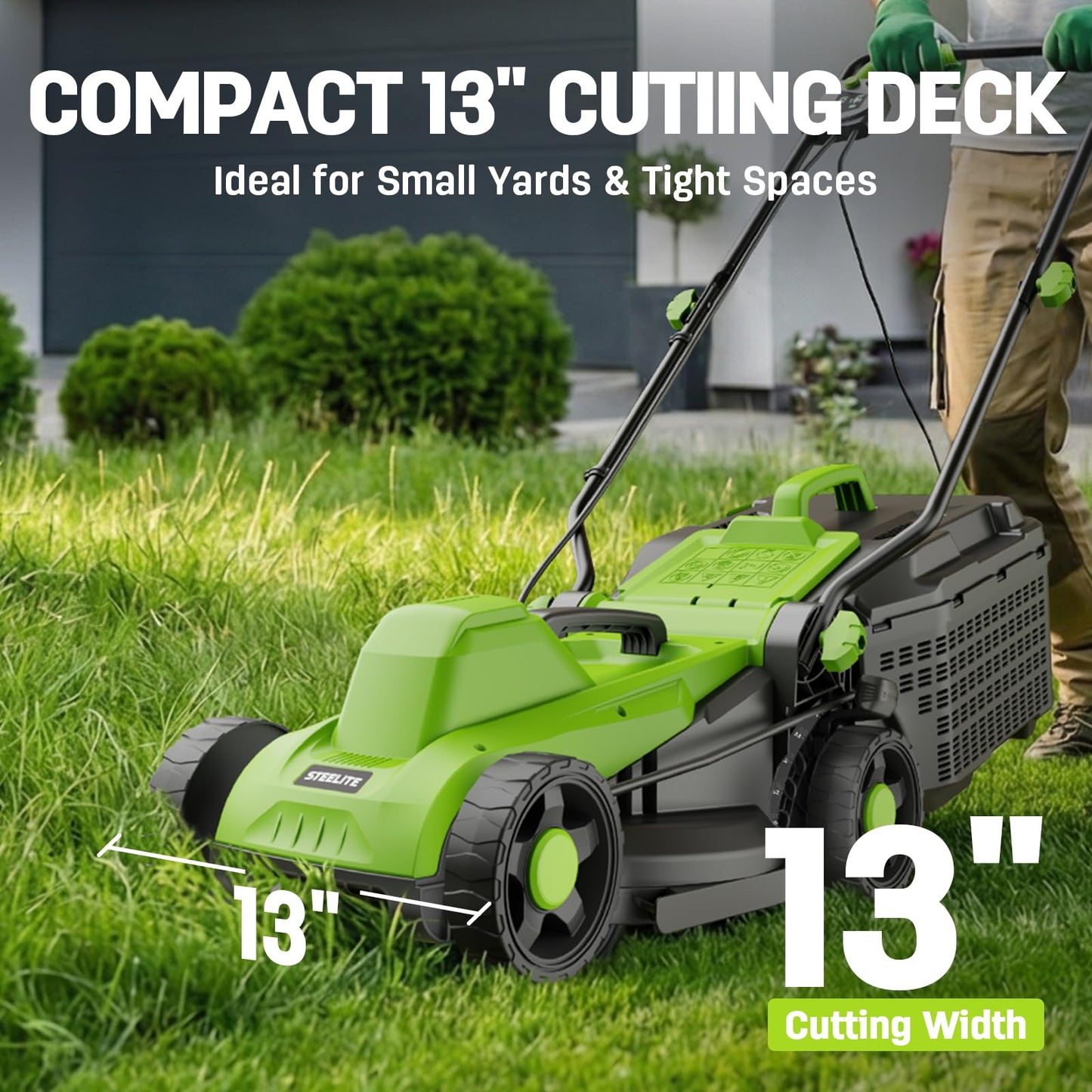 Steelite 13 Inch Electric Lawn Mower, 1300W Corded Power, Lightweight & Compact Design Ideal for Small to Medium Lawns