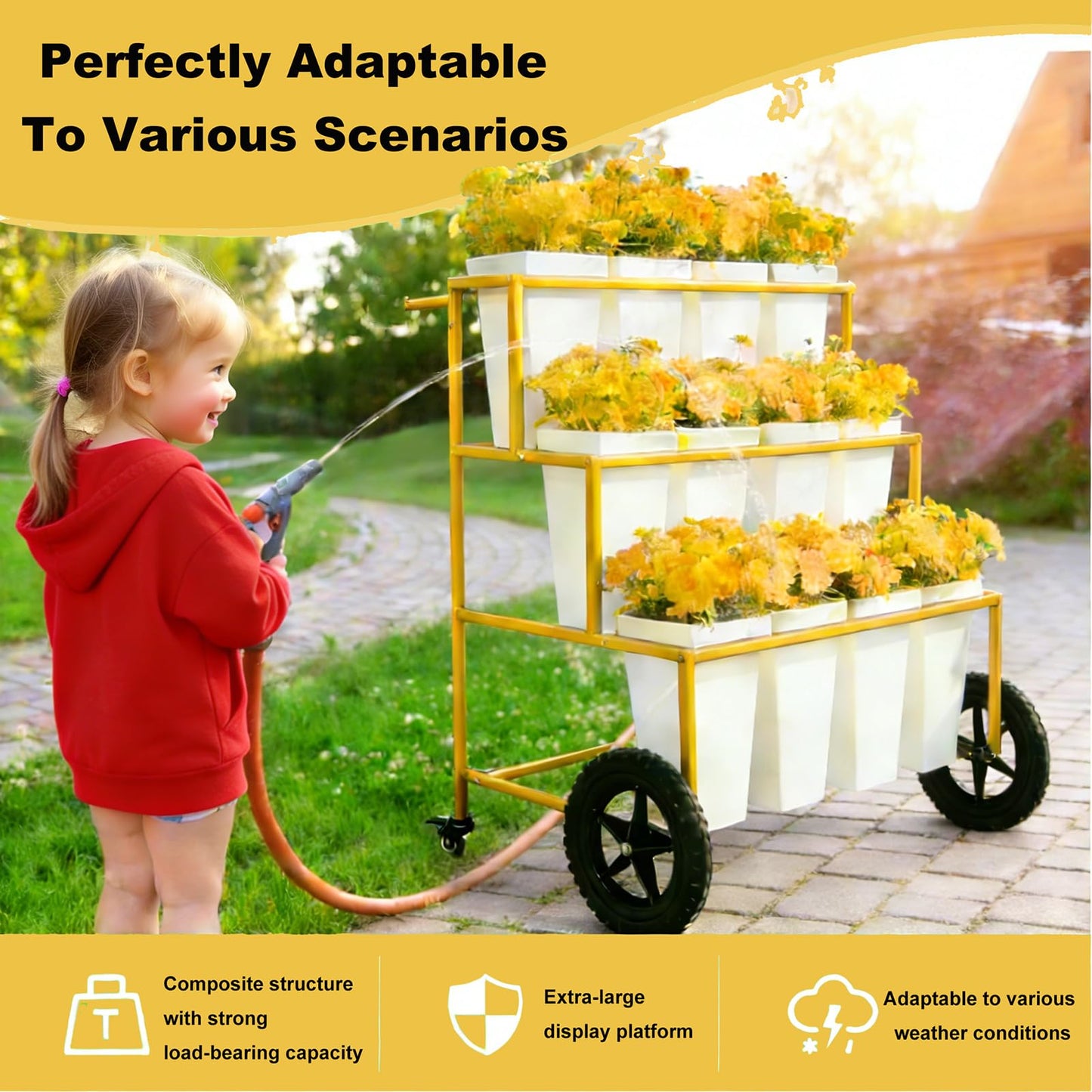 VITNSVILE Mobile Metal Flower Plant Stand, 360° Rolling Flower Display Stand for Indoor Outdoor, Space Saving Flower Bar Stand for Patio, Garden Event White, Black, Gold (White L33.4*W31.4*H*40.5in)