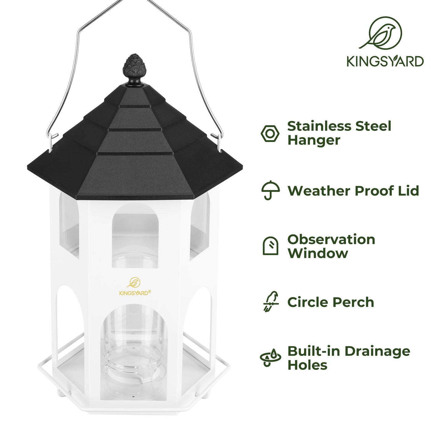 Kingsyard Metal Bird Feeder for Outdoor Hanging, Wild Bird Feeders with Circular Perch, Easy to Clean & Refill, 4 lbs Large Seed Capacity, White