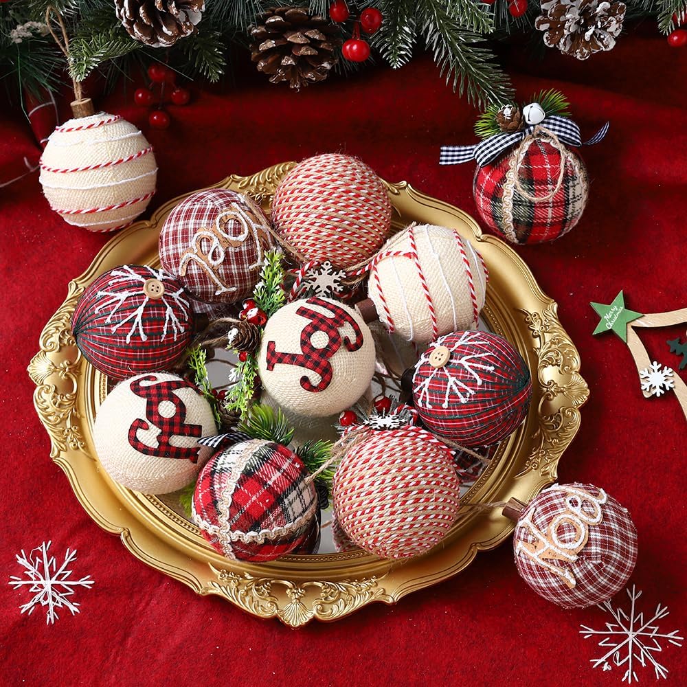 12 Piece Rustic Christmas Tree Ornaments, Farmhouse Christma Decoration, 3.15 inch Natural Jute Burlap Christmas Ball
