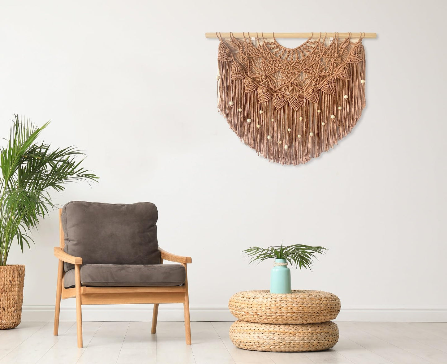 Youngeast Large Macrame Wall Hanging Boho Beaded Curtain for Window Macrame Bedroom Headboard Living Room Wall Art Tassel Tapestry Bohemian Woven Wall Decor 31" W X 25" H (Khaki)