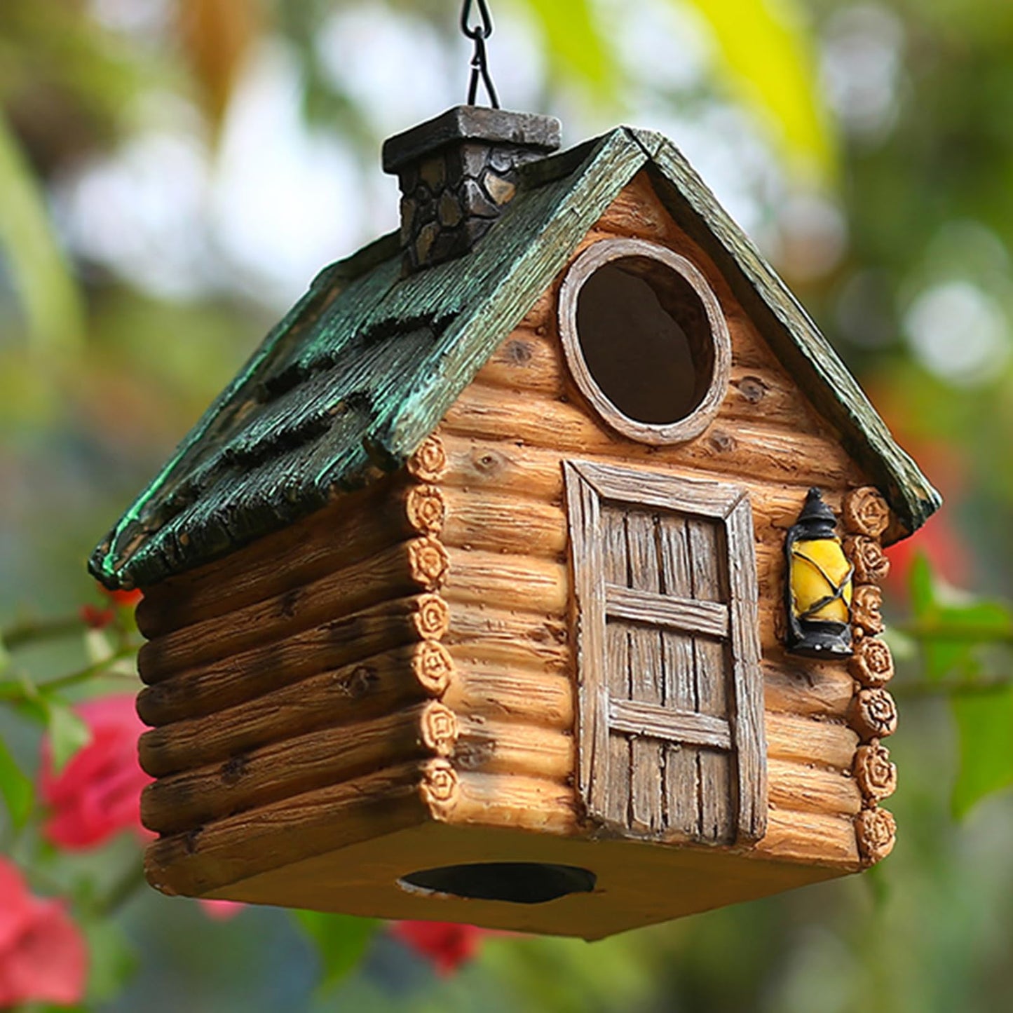 Bird Houses for Outside Real Wood-Look Resin Bird House with Hanging Chain – Waterproof & Durable Forest Birdhouses for Outdoors for Bluebird Finches Cardinals Bird Nesting Garden, Patio, Yard