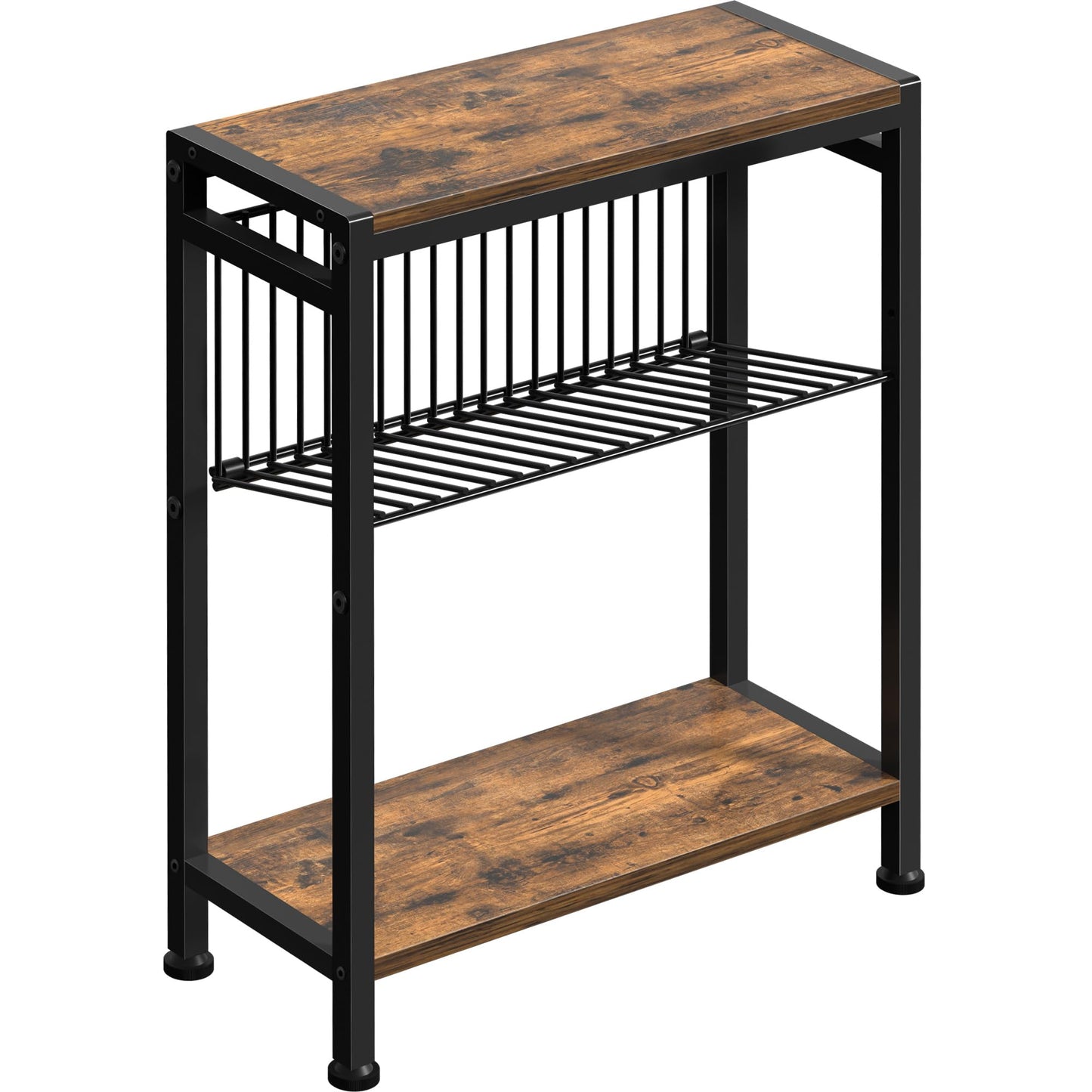 Homedawn Small Side Table for Small Space, 3-Tier Narrow End Table with Magazine Holder,Slim Nightstand, Skinny Snack Couch Table in Living Room, Bedroom Study and Balcony (Rustic Brown &Black)