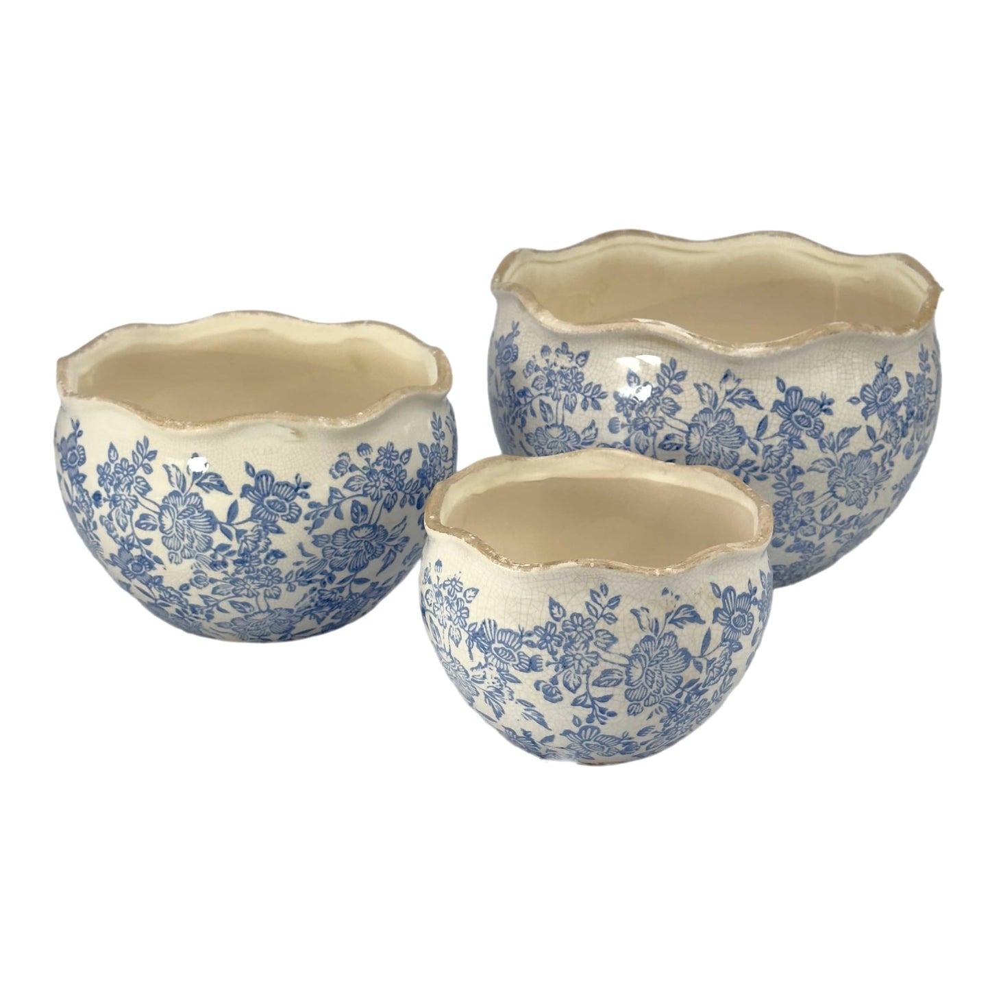 Galt International Ceramic Plant Pots Set of 3 Rustic Vintage Farmhouse Cream Crackle Glaze (11"/ 9.6"/ 7") Garden Indoor Outdoor Flower Planter w/Drainage Hole (Vintage Blue)