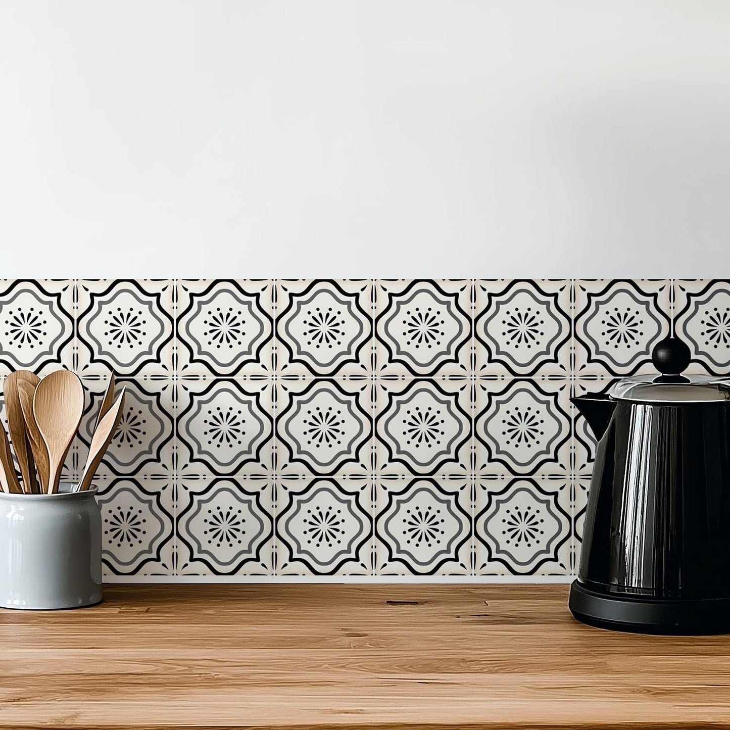 30 Count Moroccan Tile Decals 4 in – Self Adhesive Vinyl Wall Stickers, Waterproof Peel & Stick for Kitchen Backsplash, Bathroom, Stair Tread Accent, Neutral Tan/Black (Black)