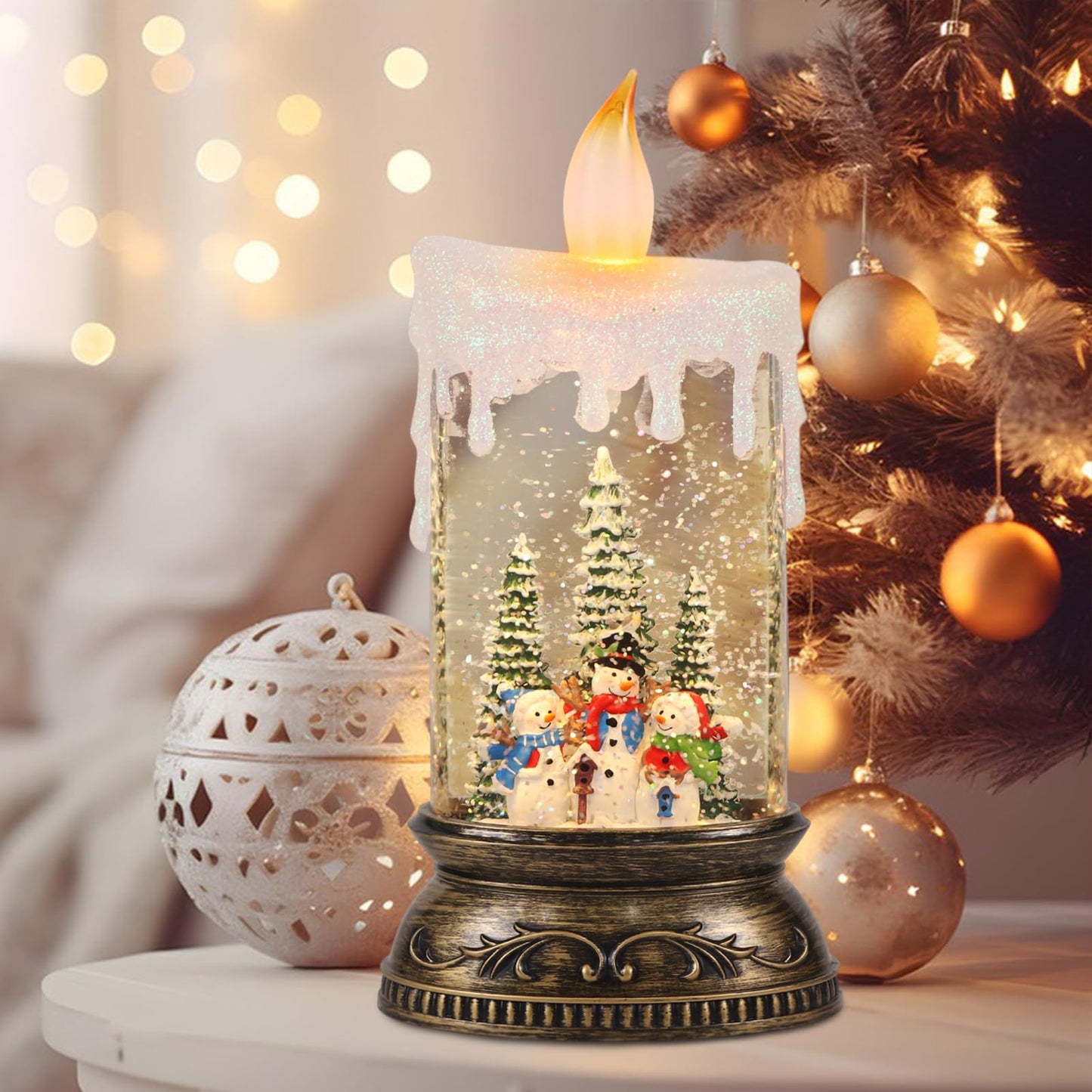 Eldnacele Christmas Music Snow Globe Lantern with 6H Timer Battery Operated & USB Powered Lighted Snowman Family Singing Snow Globe Candle Lamp Spinning Water Glitters Xmas Holiday Decor