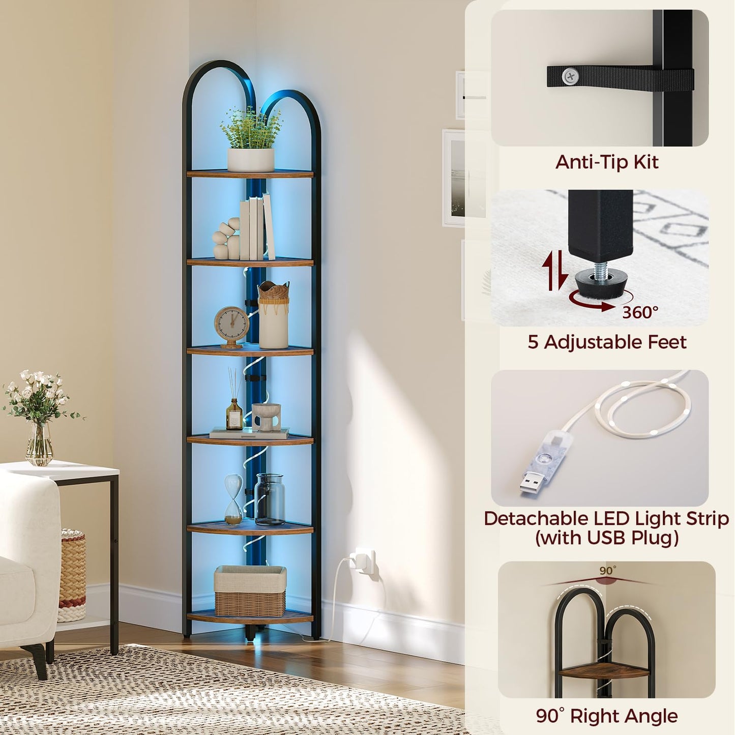 MAHANCRIS 6 Tier Corner Shelf with LED Light, 74.6'' Tall Corner Bookshelf Stand, Narrow Display Bookcase with Storage Rack for Wall Corner, Living Room, Bedroom, Small Spaces, Rustic Brown CSHR66101
