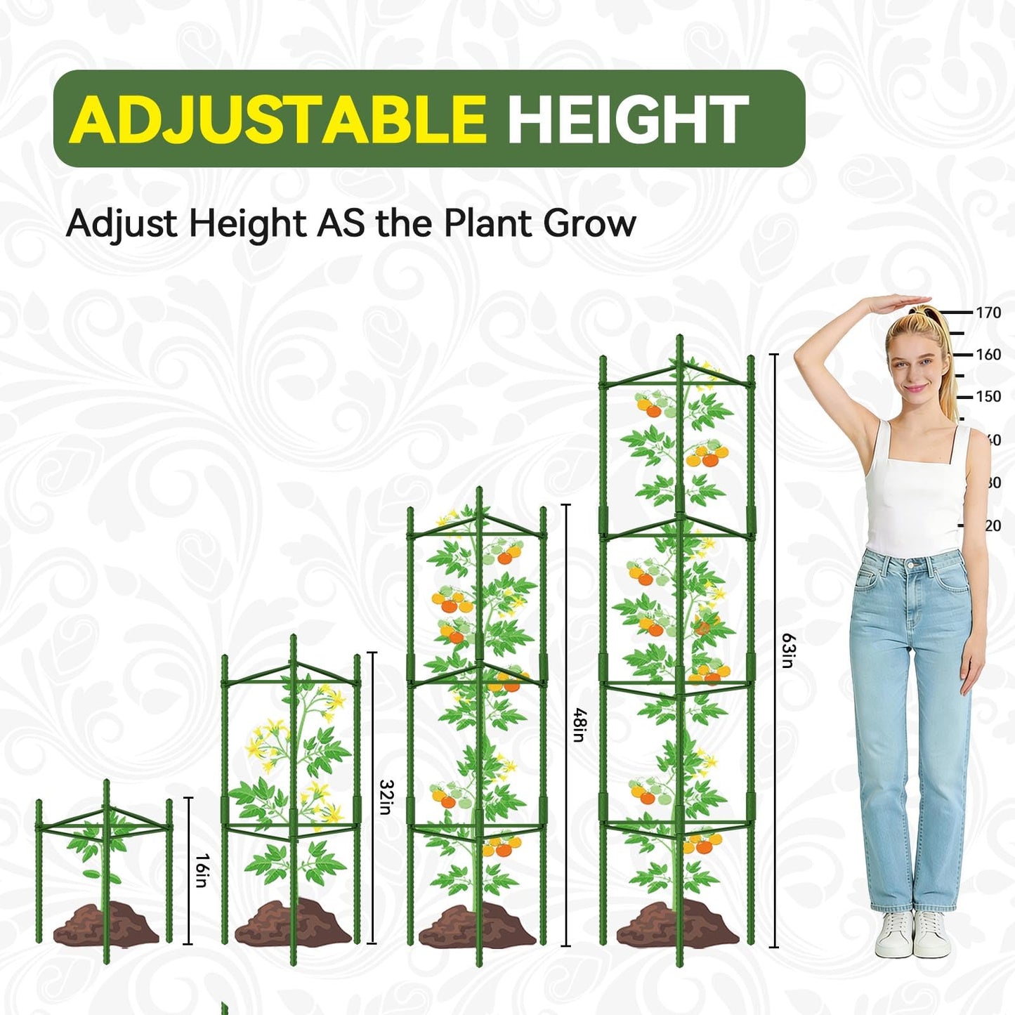 Halatool 63 Inch Tall Tomato Cages for Garden, 6 Pack Adjustable Tomato Cage, Garden Stakes Tomato Trellis for Pots, Tomato Plant Support for Raised Garden Bed &Vegetables Flowers