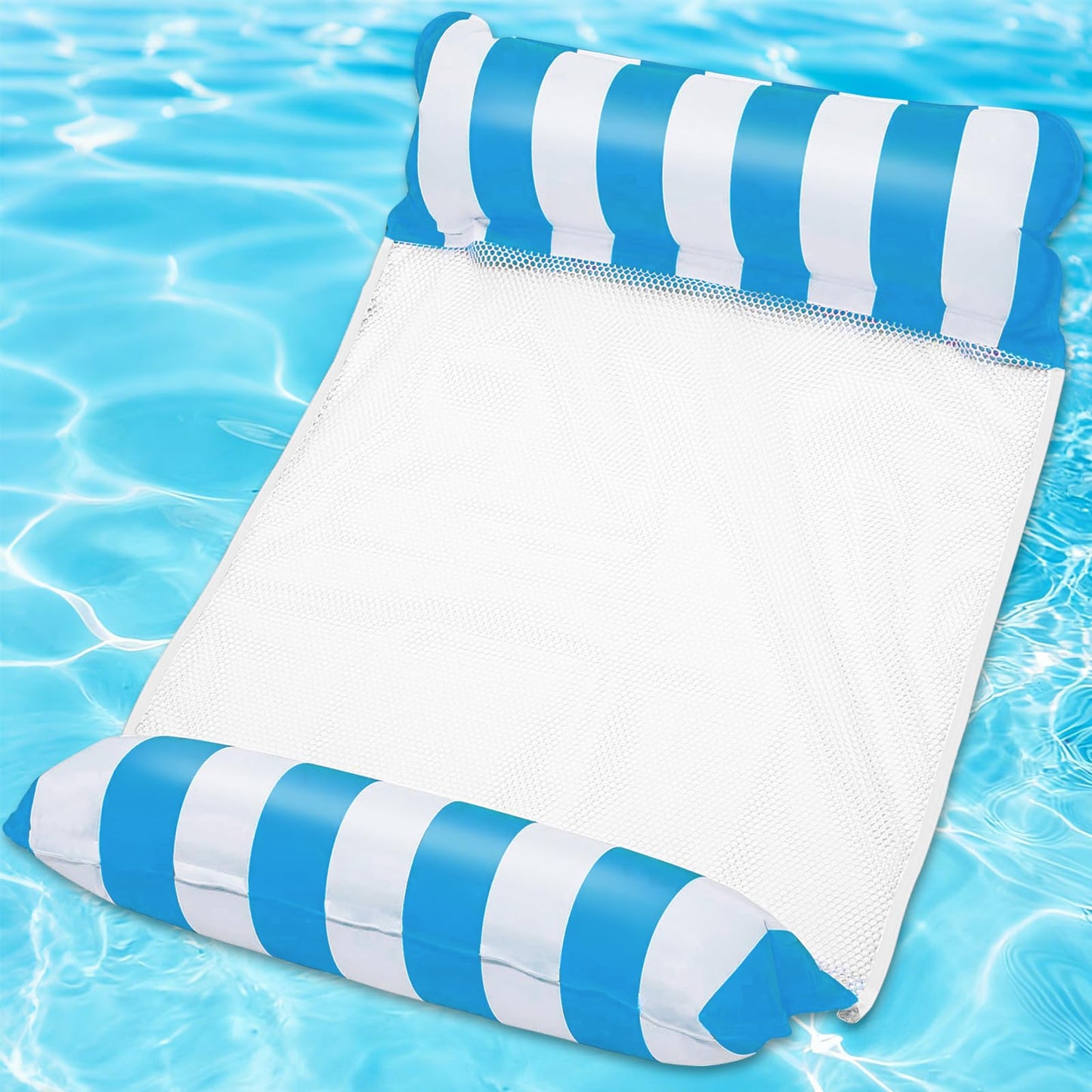 Inflatable Pool Float Hammock for Adults – 4-in-1 Floating Water Lounger with Headrest & Footrest – Portable Mesh Floatie for Pool, Beach, Lake – Blue & White Striped Water Hammock Chair