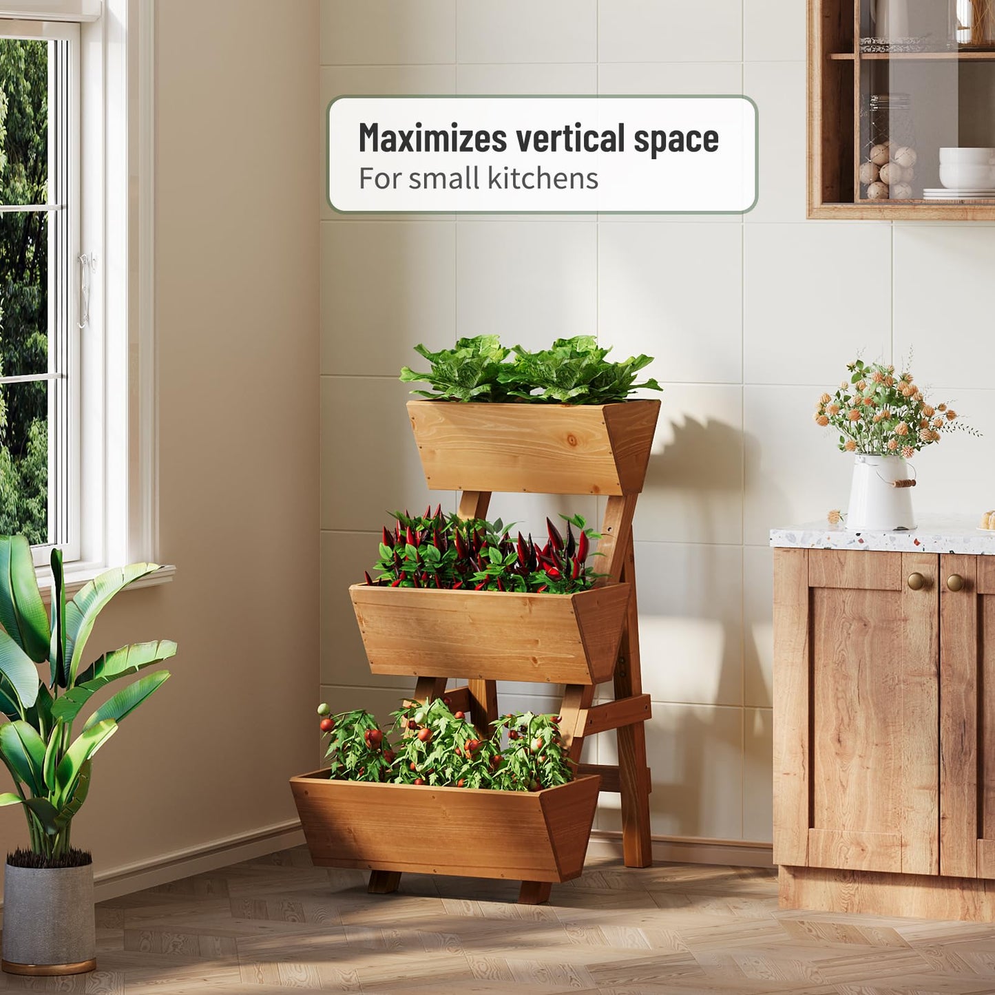 Vertical Wooden Raised Garden Bed, Garden Planters Freestanding Wood Plant Stand Flower Rack Wooden Planter Box for Plants Herbs Flowers Vegetables Outdoor Indoor Gardening (3-Tier Small Brown)